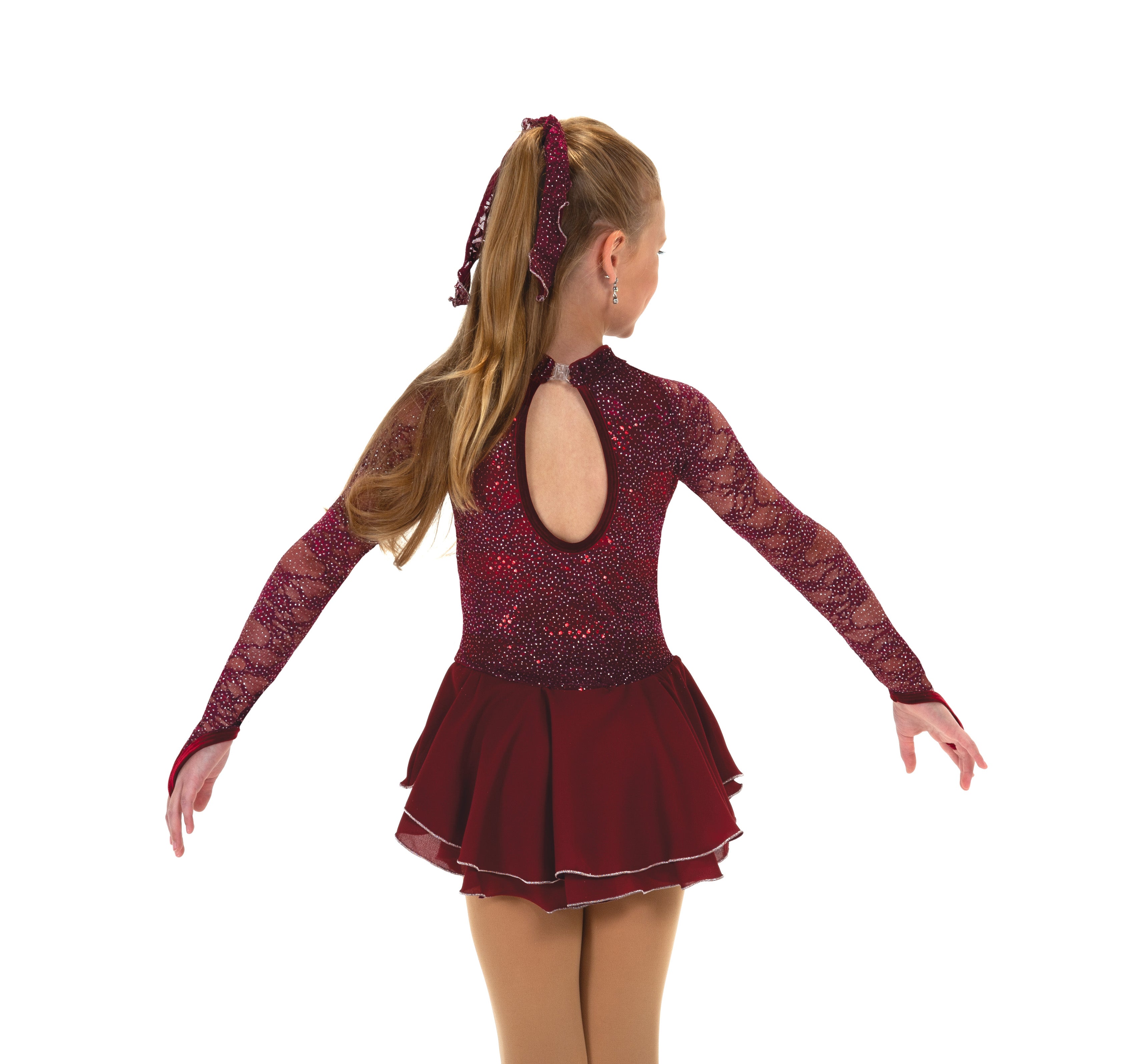 Wine sequin figure skate dress with lace sleeves, back view