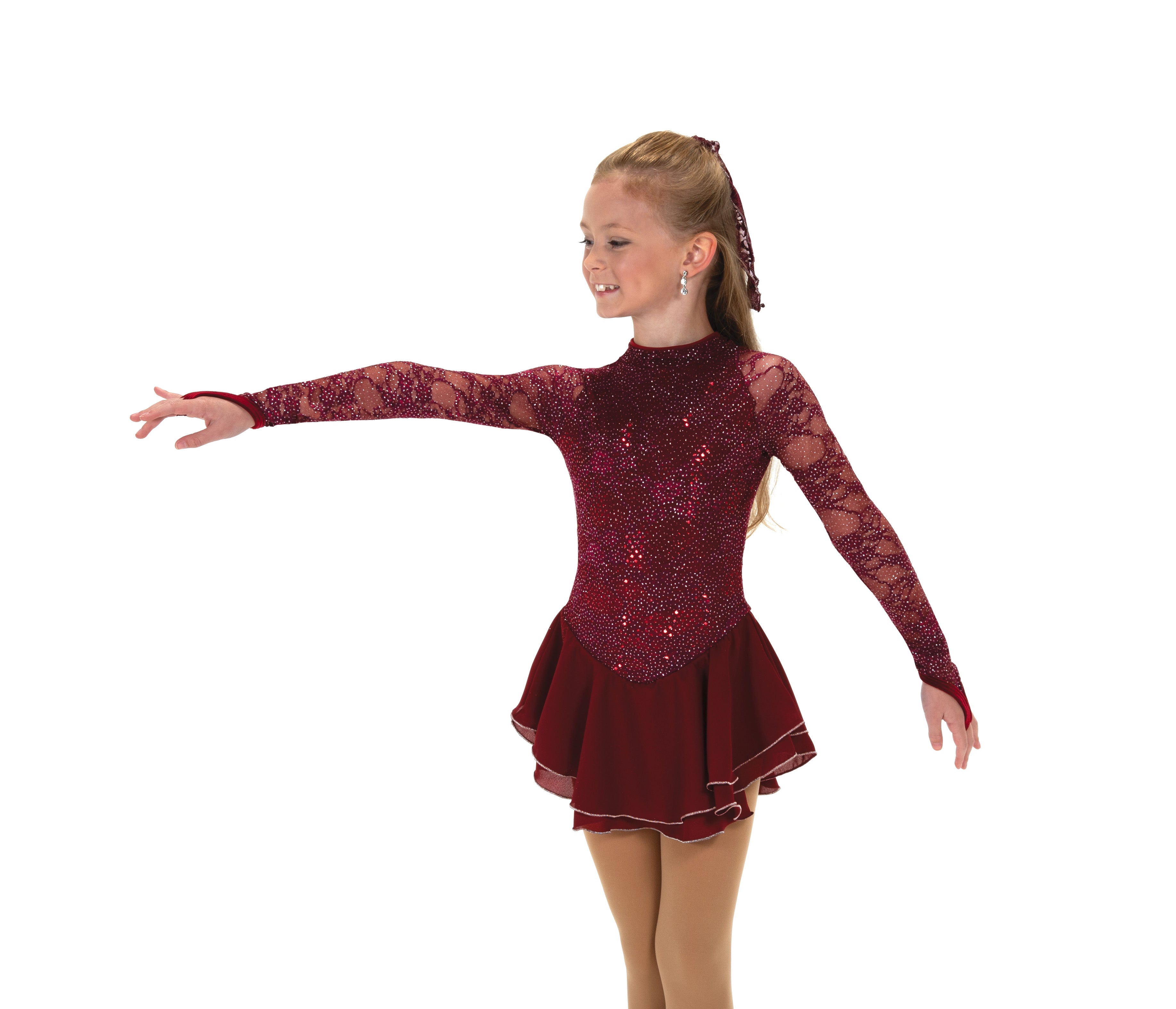 Wine sequin figure skate dress with lace sleeves, front view