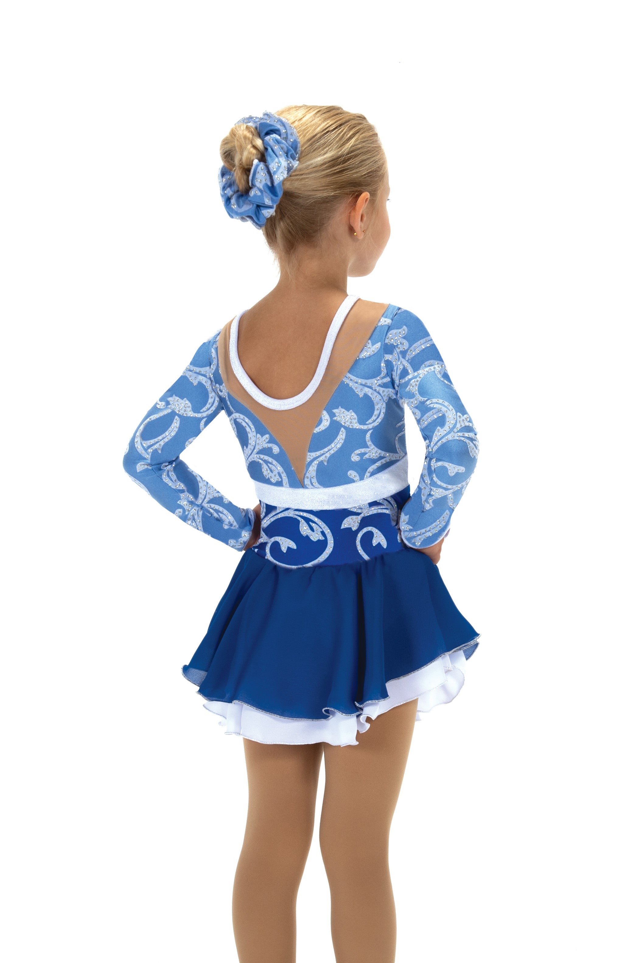 Blue figure skate dress with white floral patterns, back view