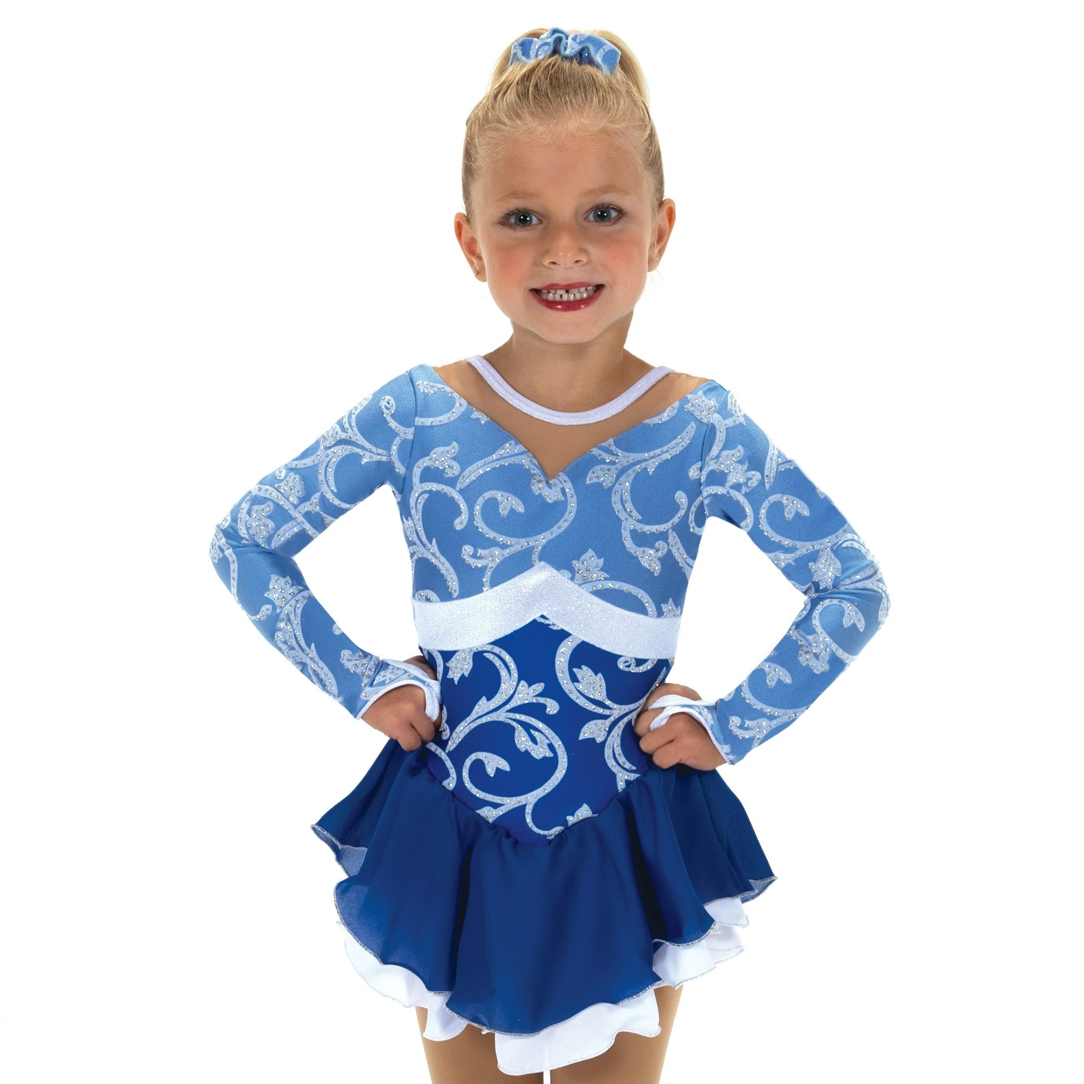 Blue figure skate dress with white floral patterns, front view