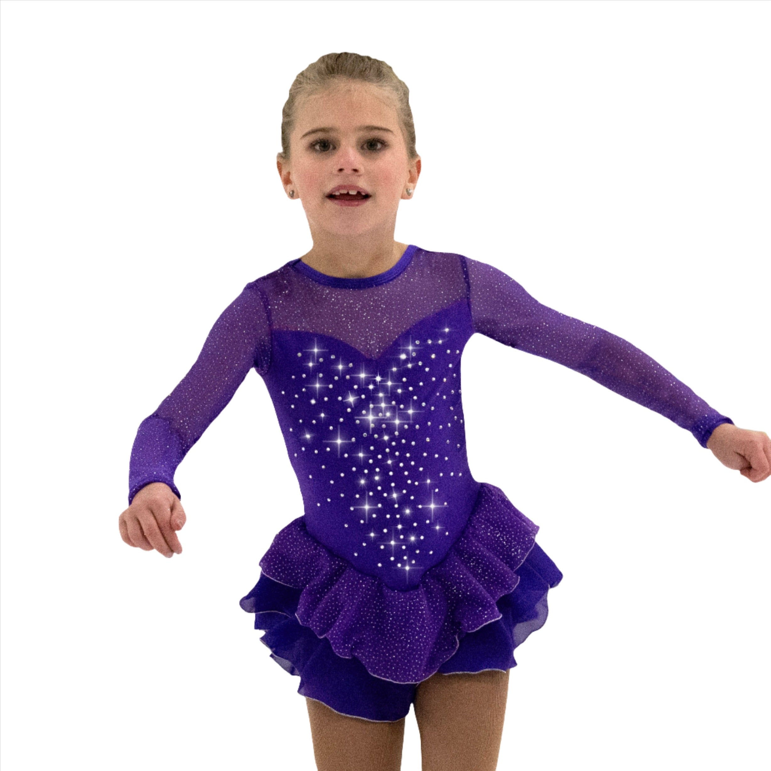 Purple Crystal Kisses figure skate dress, front view