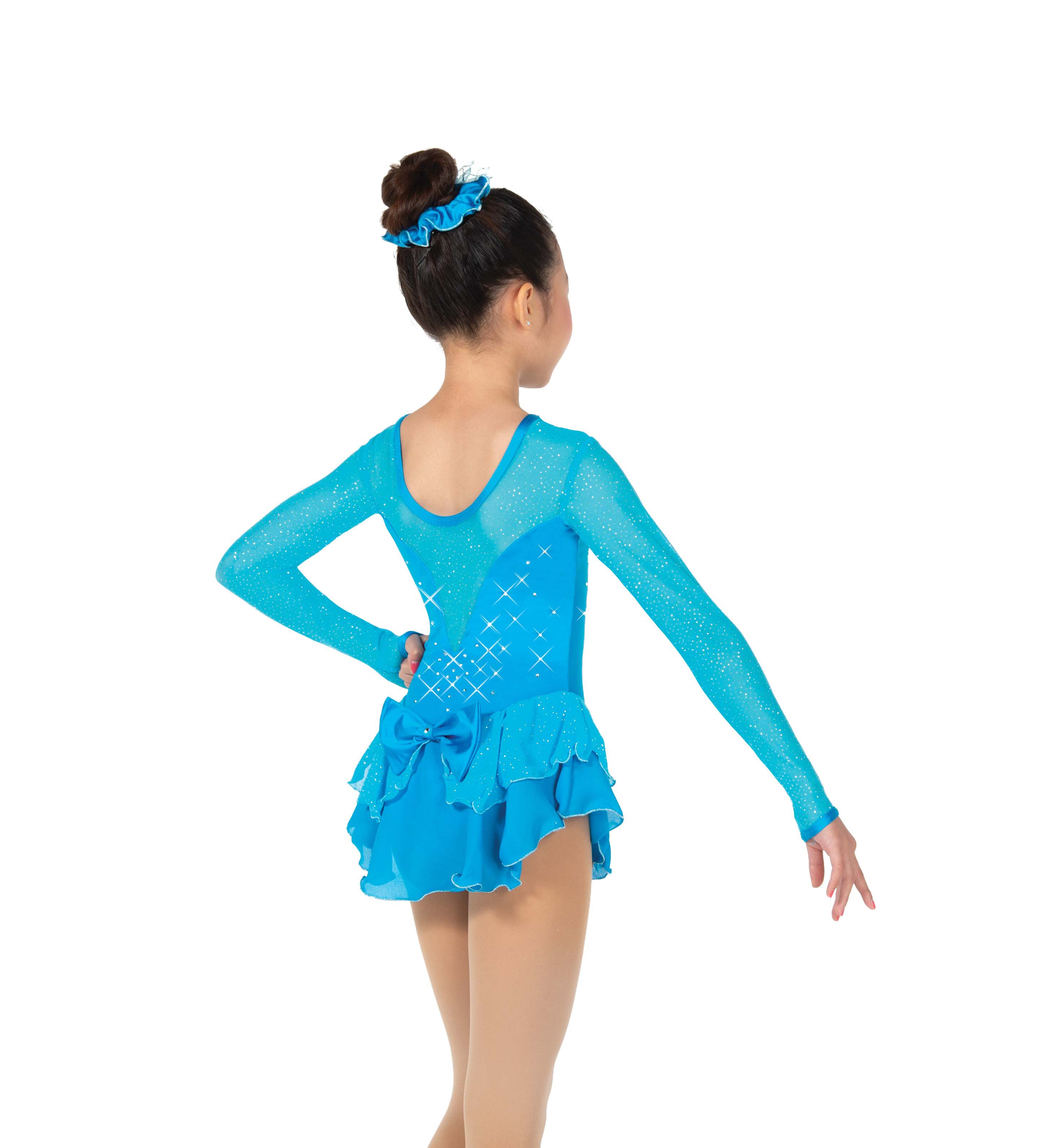 Turquoise figure skate dress with crystal accents, back view