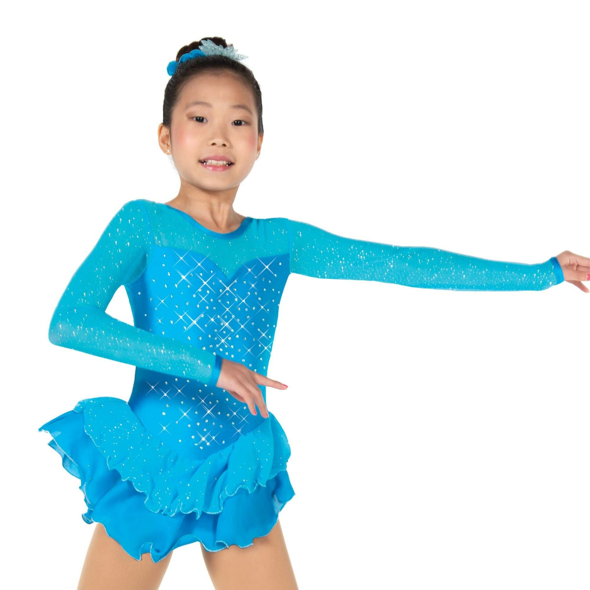 Turquoise figure skate dress with crystal accents, front view