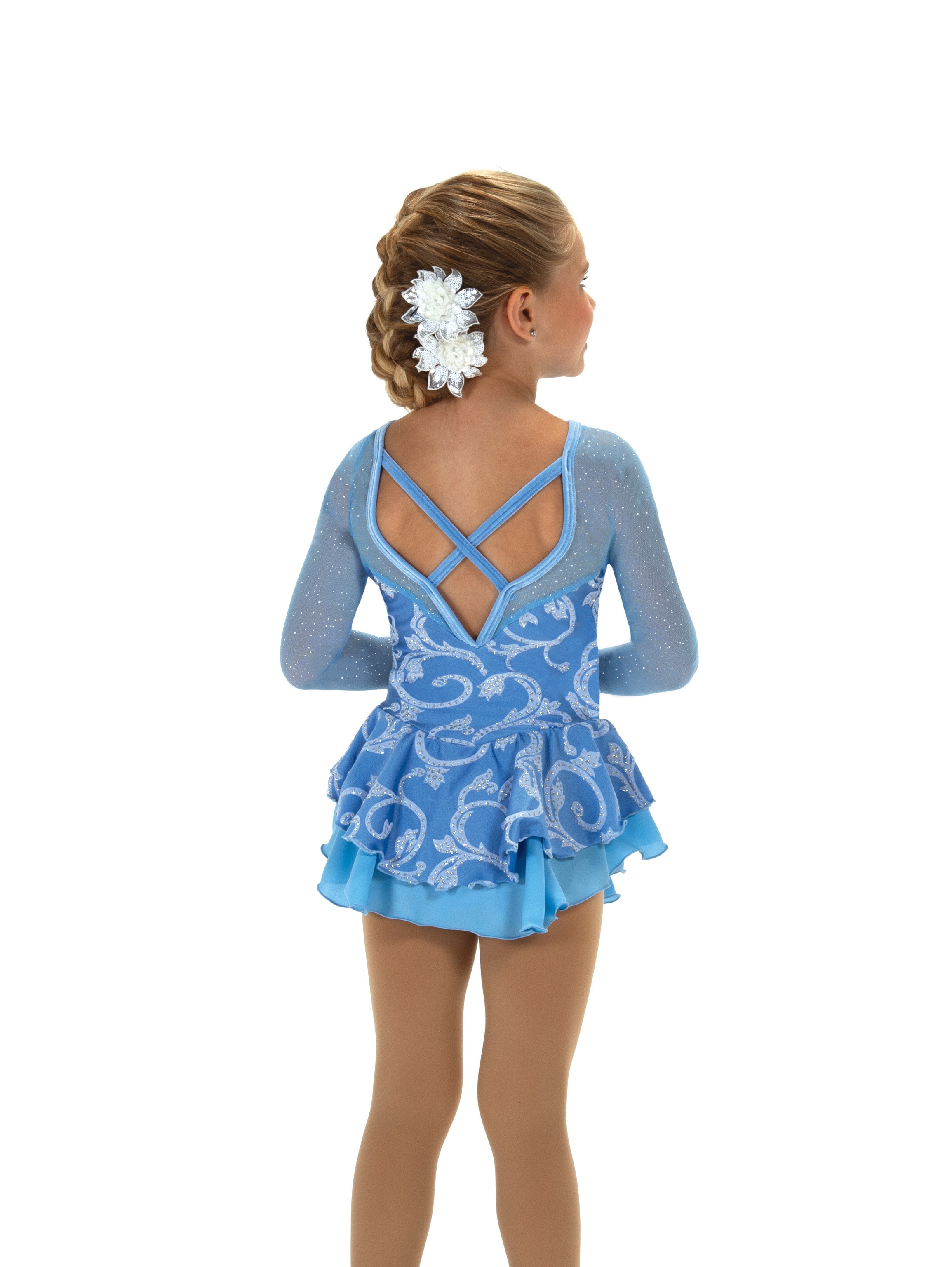 Back view of blue figure skate dress with cross straps