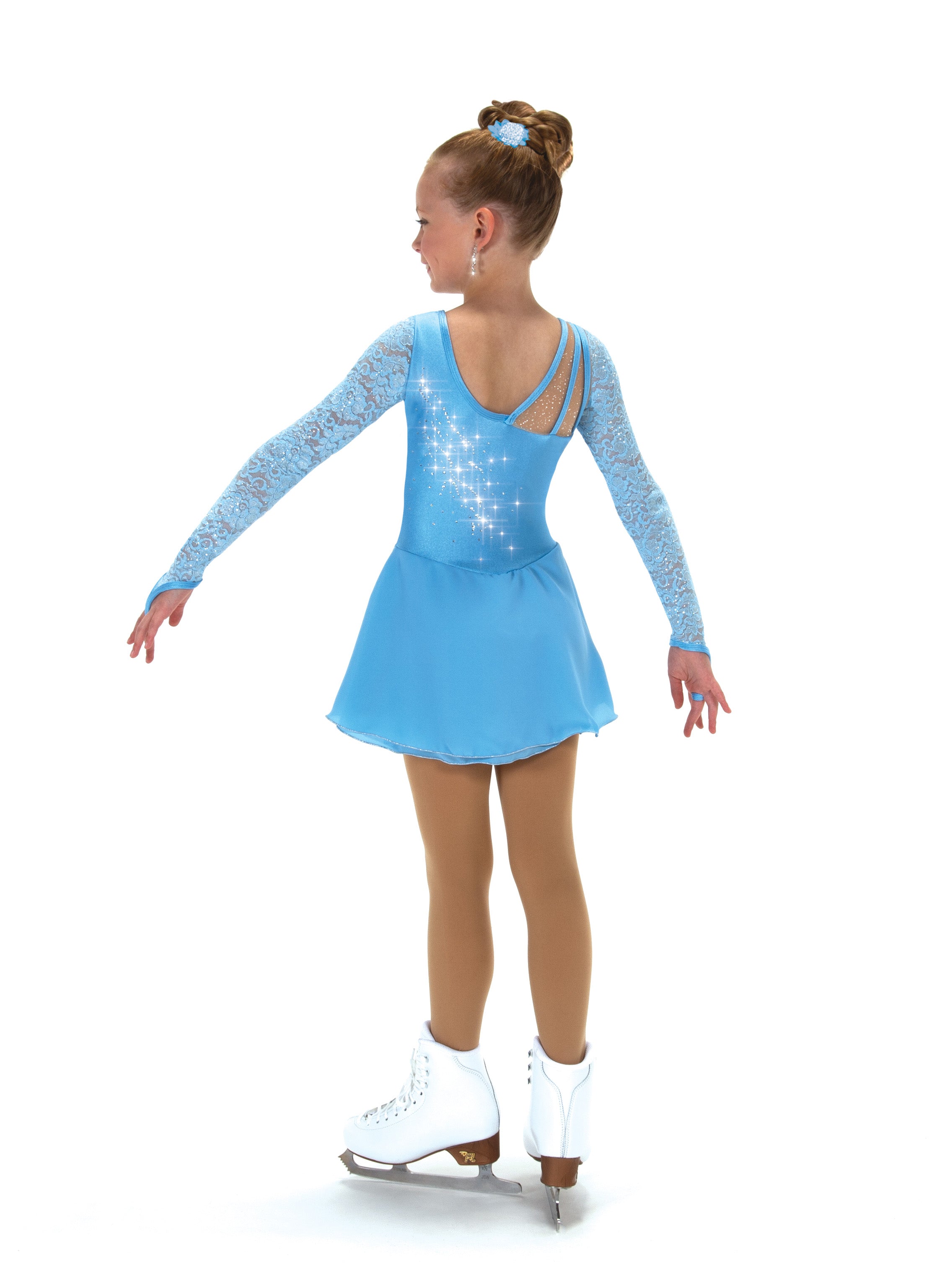 Crystal blue figure skate dress with lace sleeves, back view