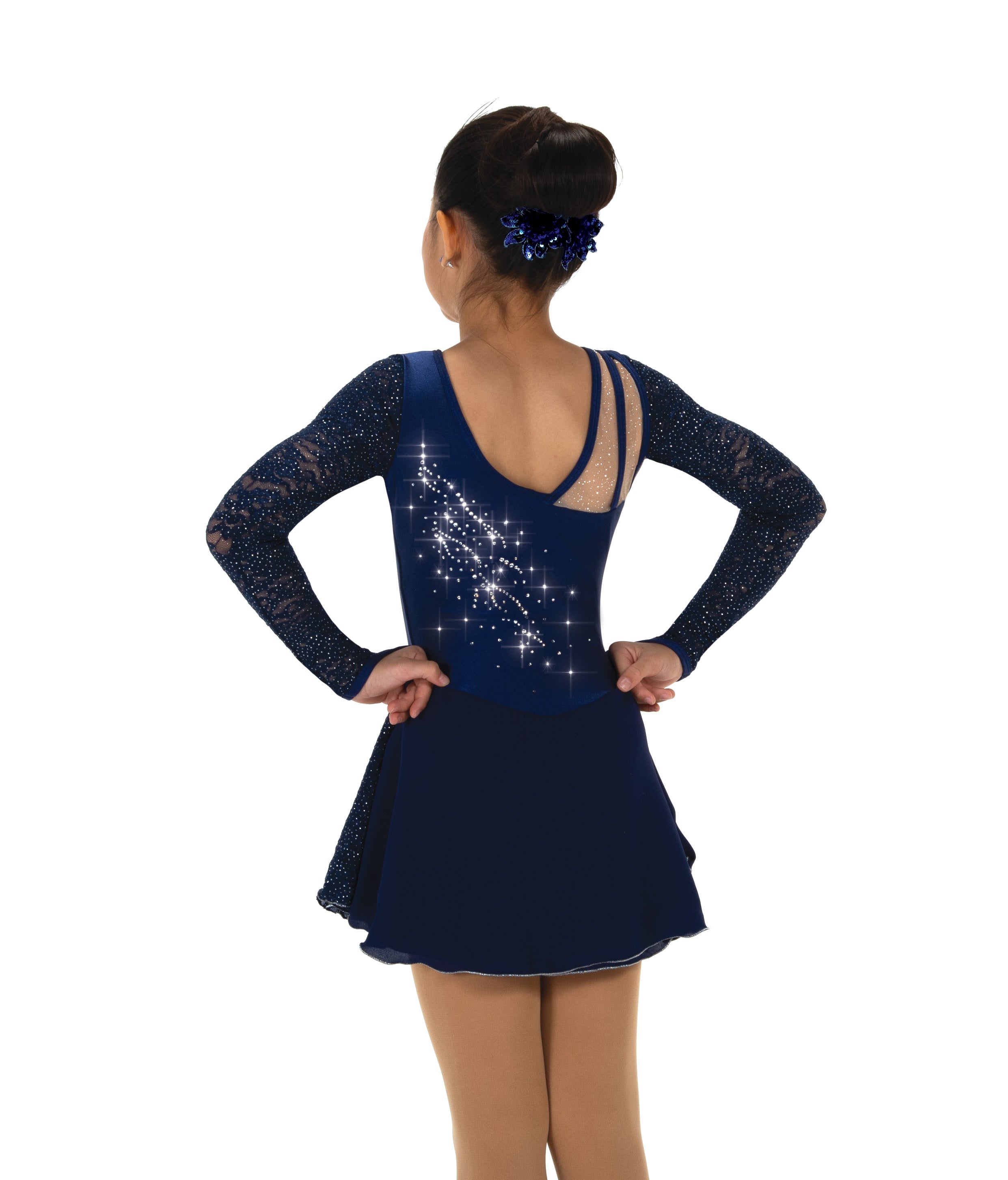 Navy blue figure skate dress with sparkling details, back view