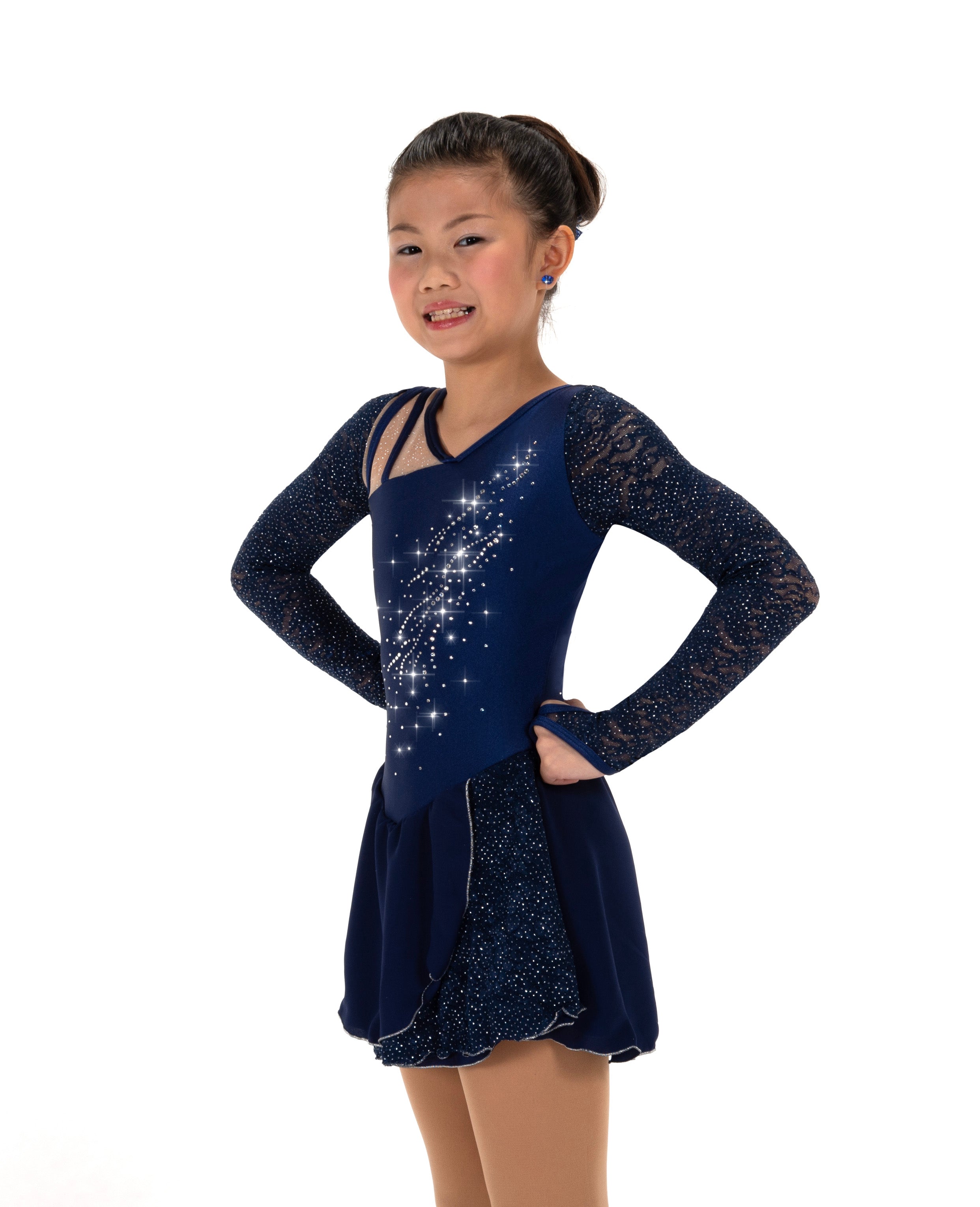 Navy blue figure skate dress with sparkling details, front view