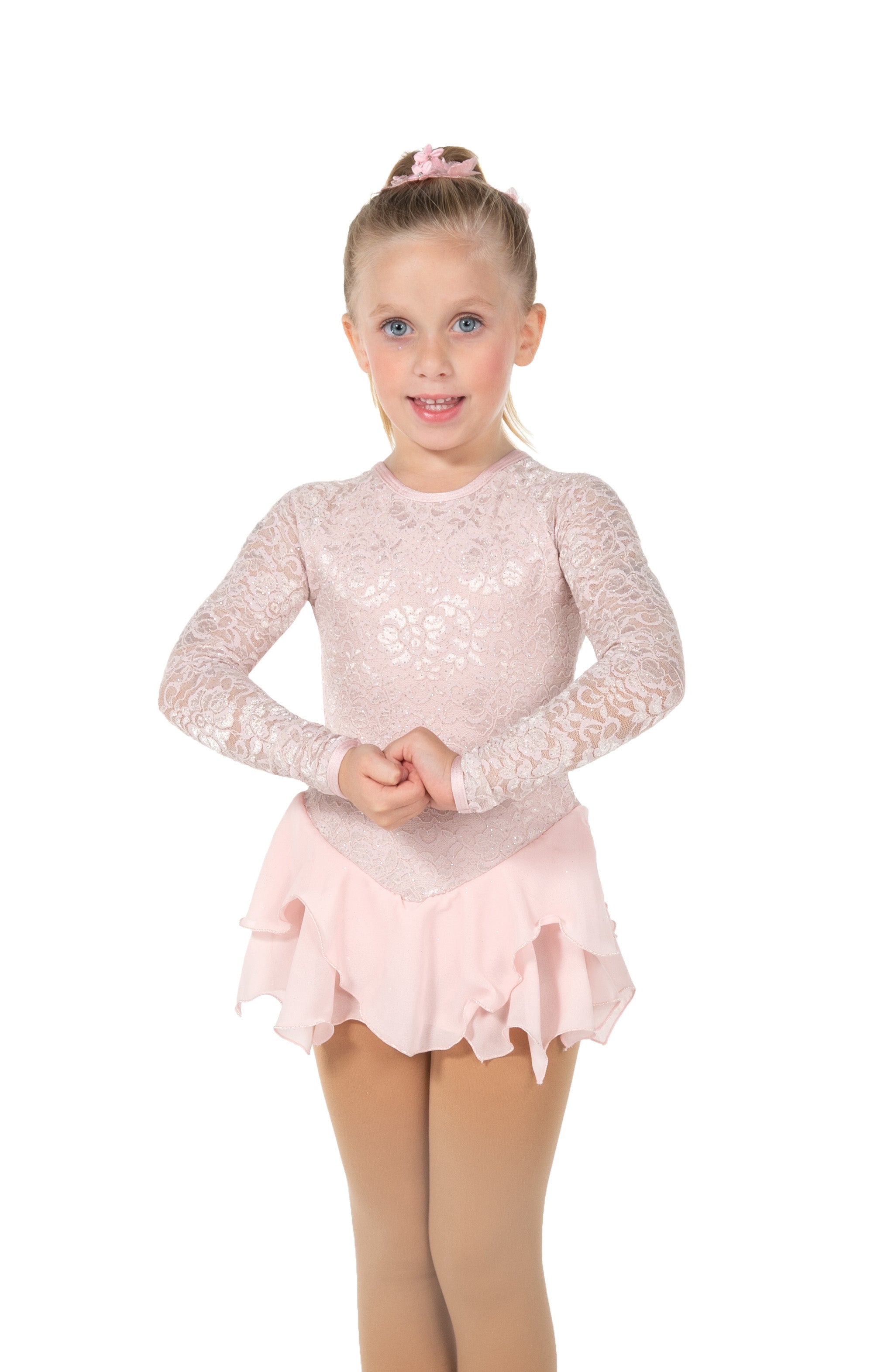 Blush pink tulip lace figure skate dress, front view