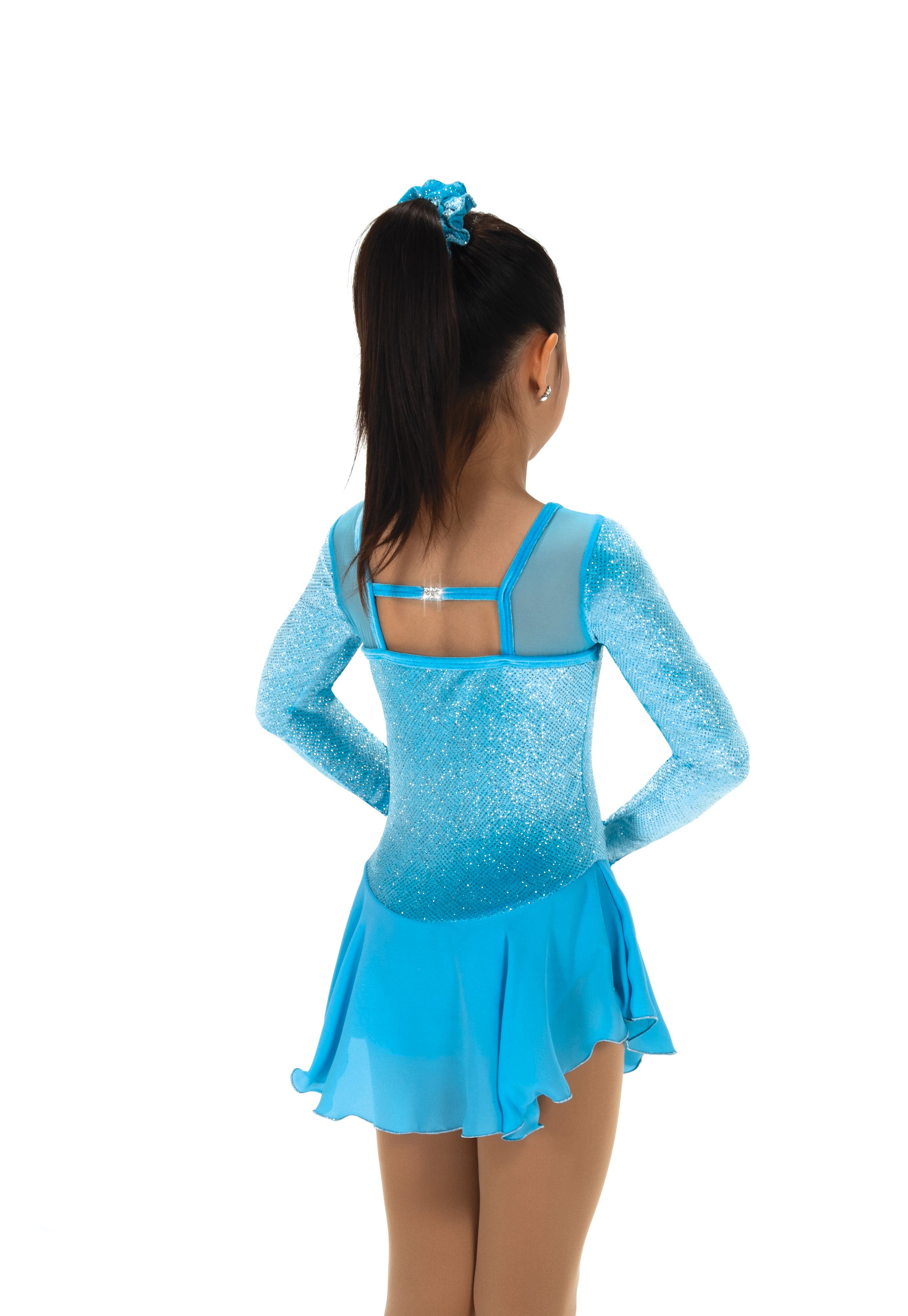 Sky blue brilliance figure skate dress, back view