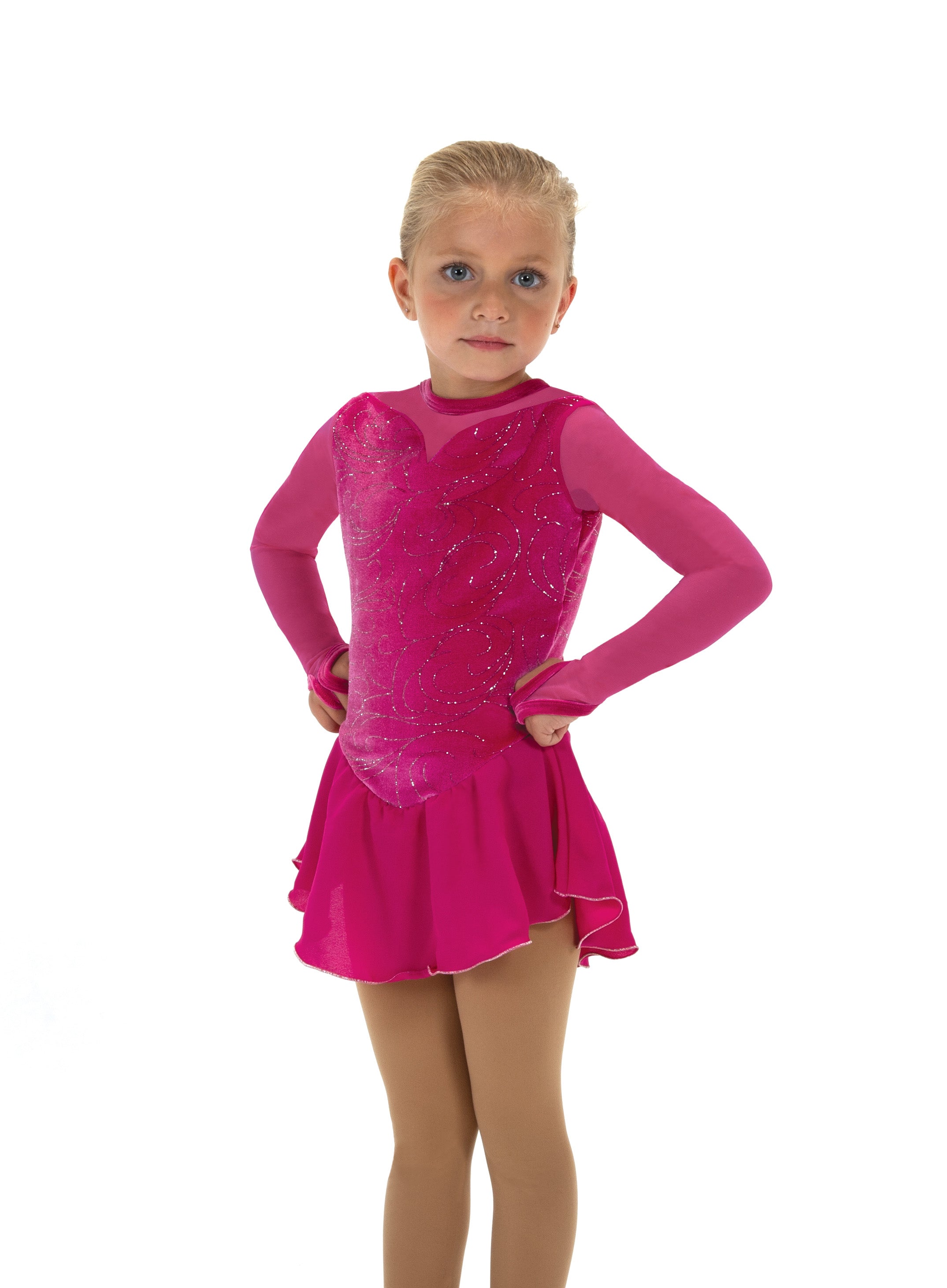 Fuchsia pink figure skate dress with glitter details, front view.