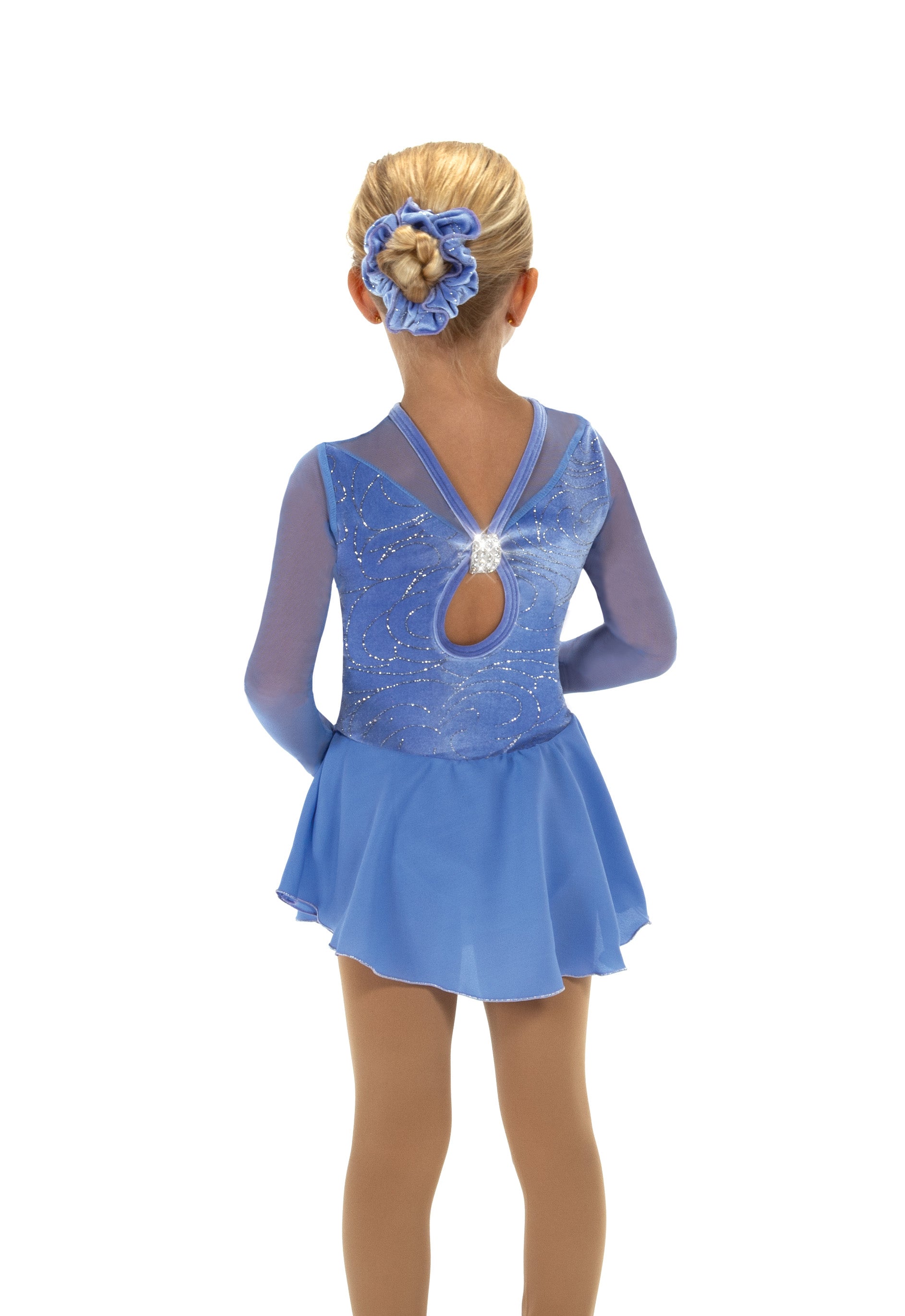 Periwinkle blue figure skate dress with open back, rear view