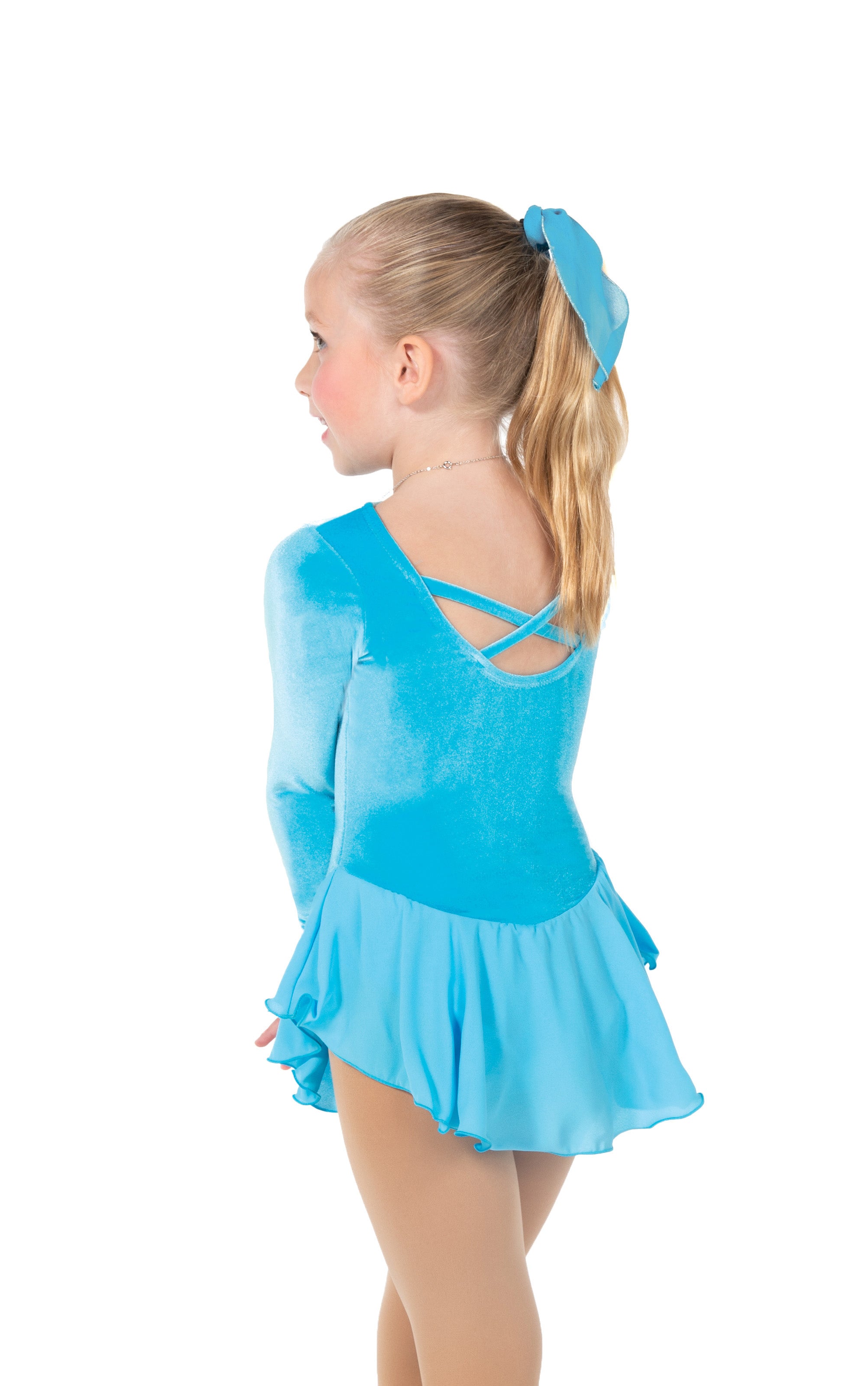 Sky blue figure skate dress with crisscross back, rear view.