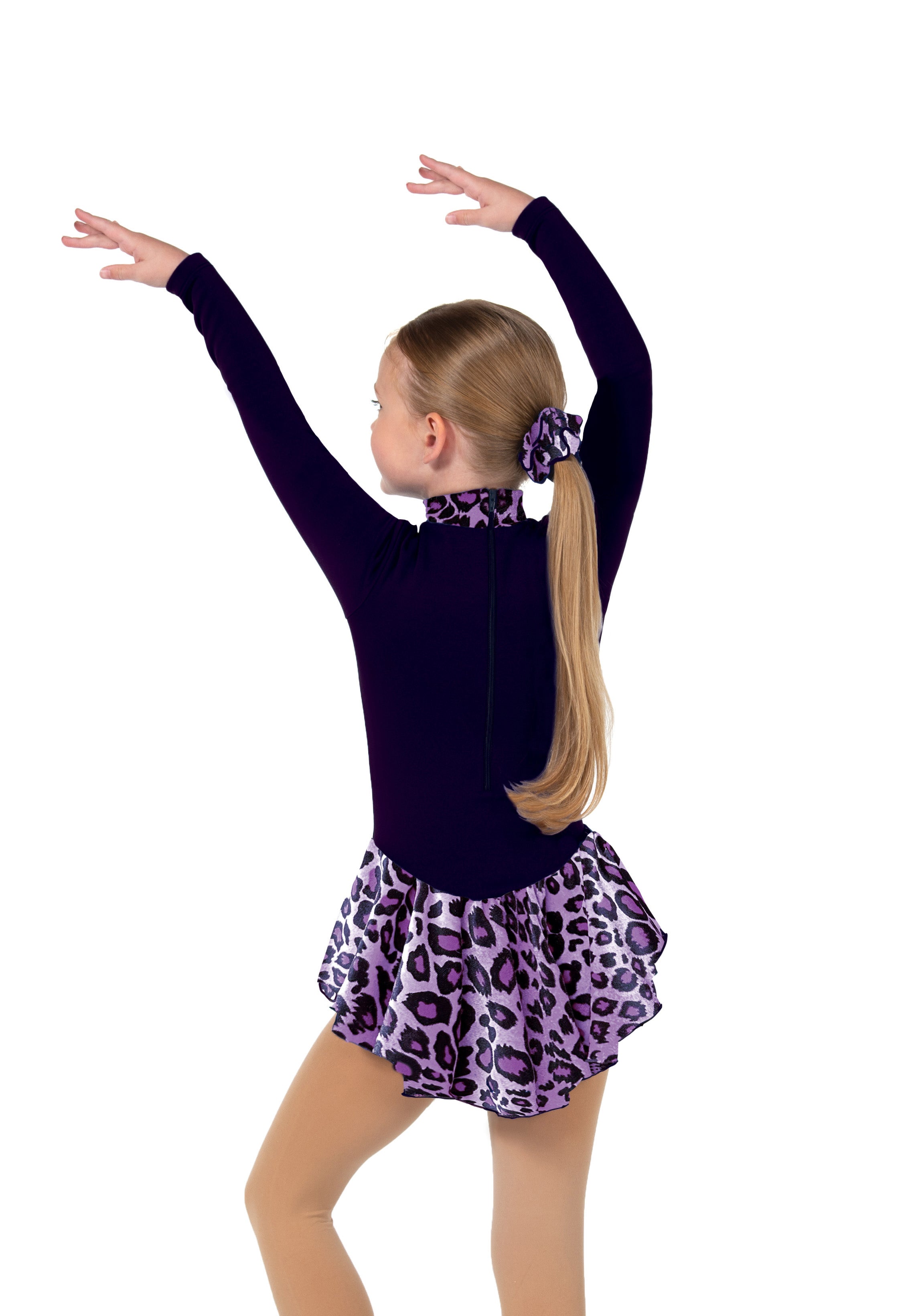 Back view of purple fleece figure skate dress with leopard print