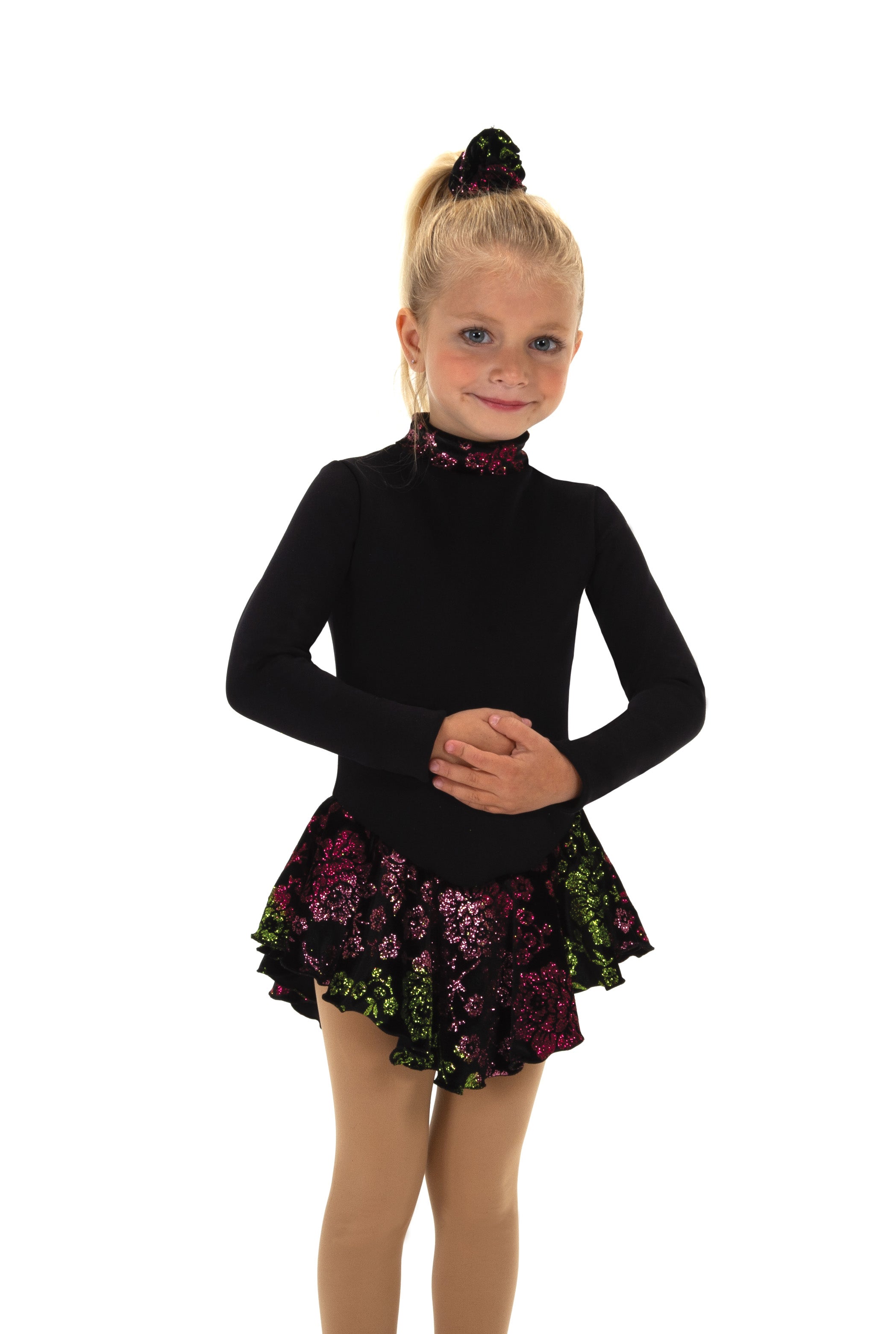 JR696-BK Fancy Fleece Figure Skate Dress - Black, front view