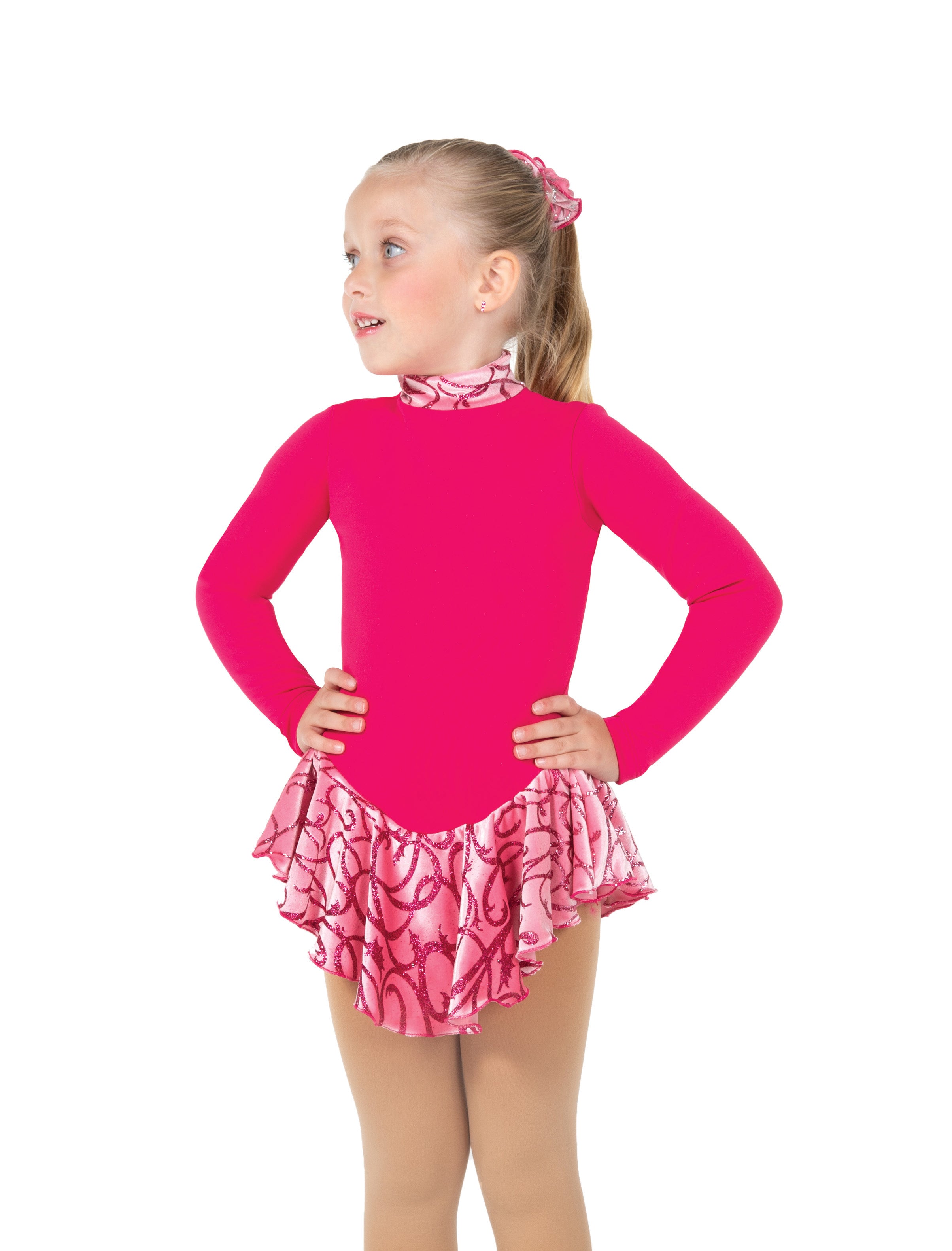 Deep pink fleece figure skate dress, front view