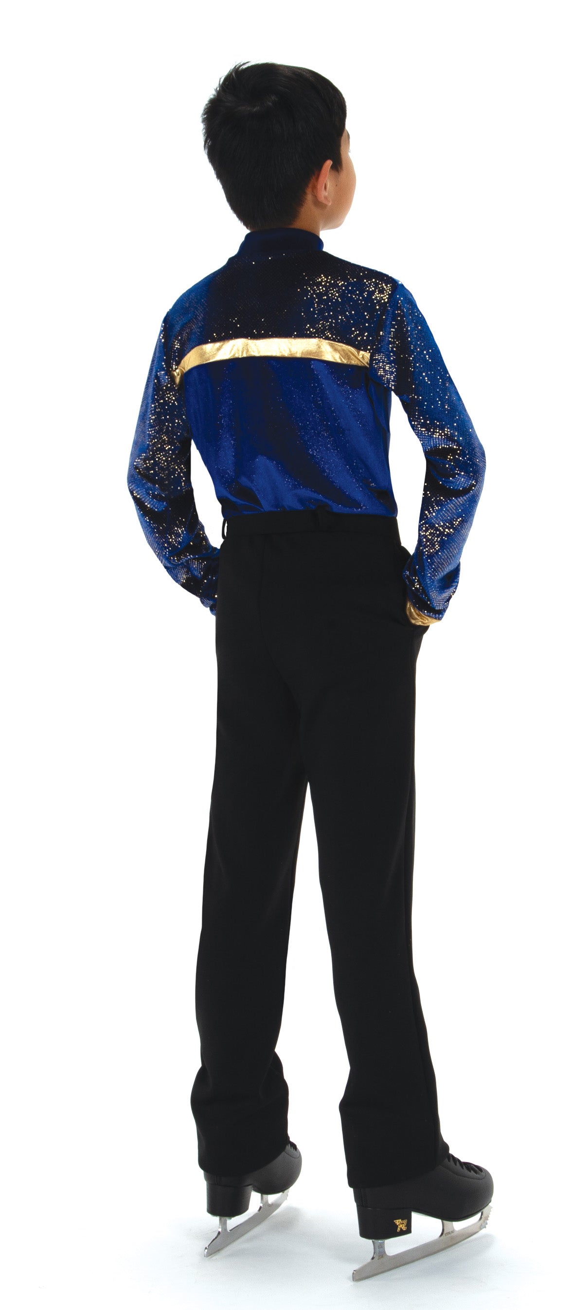 Back view of JR823 Mens Pulse Top with gold shimmer sleeves