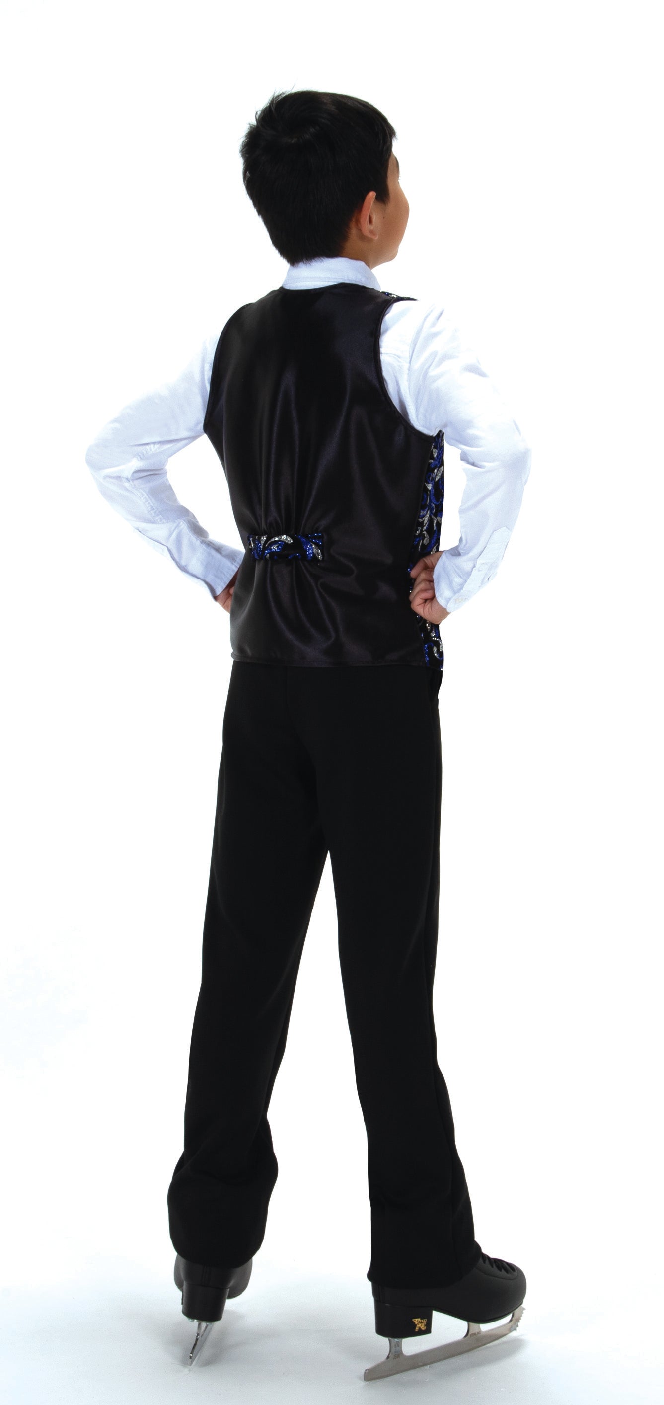 JR831 black satin back vest with glitter tab detail, rear view