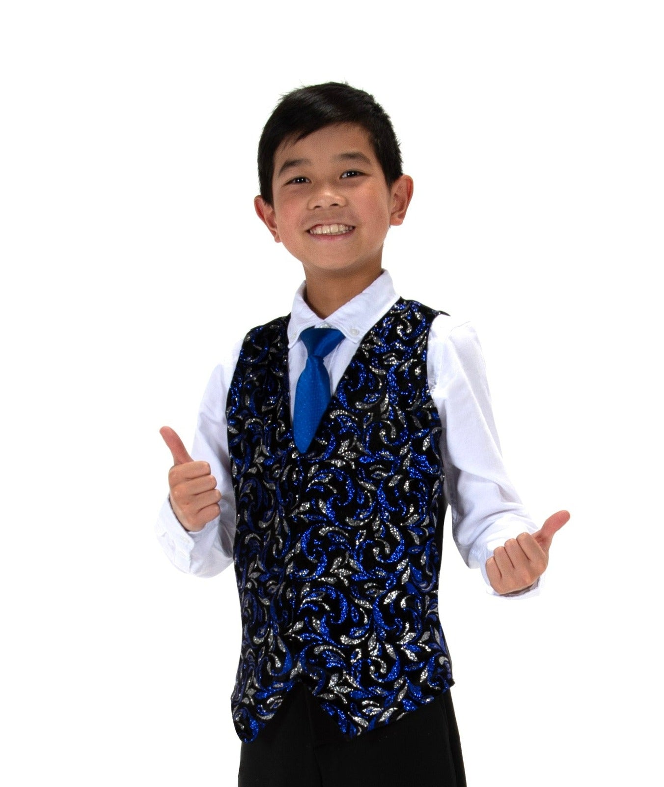 JR831 black velvet vest with silver and blue swirls, front view