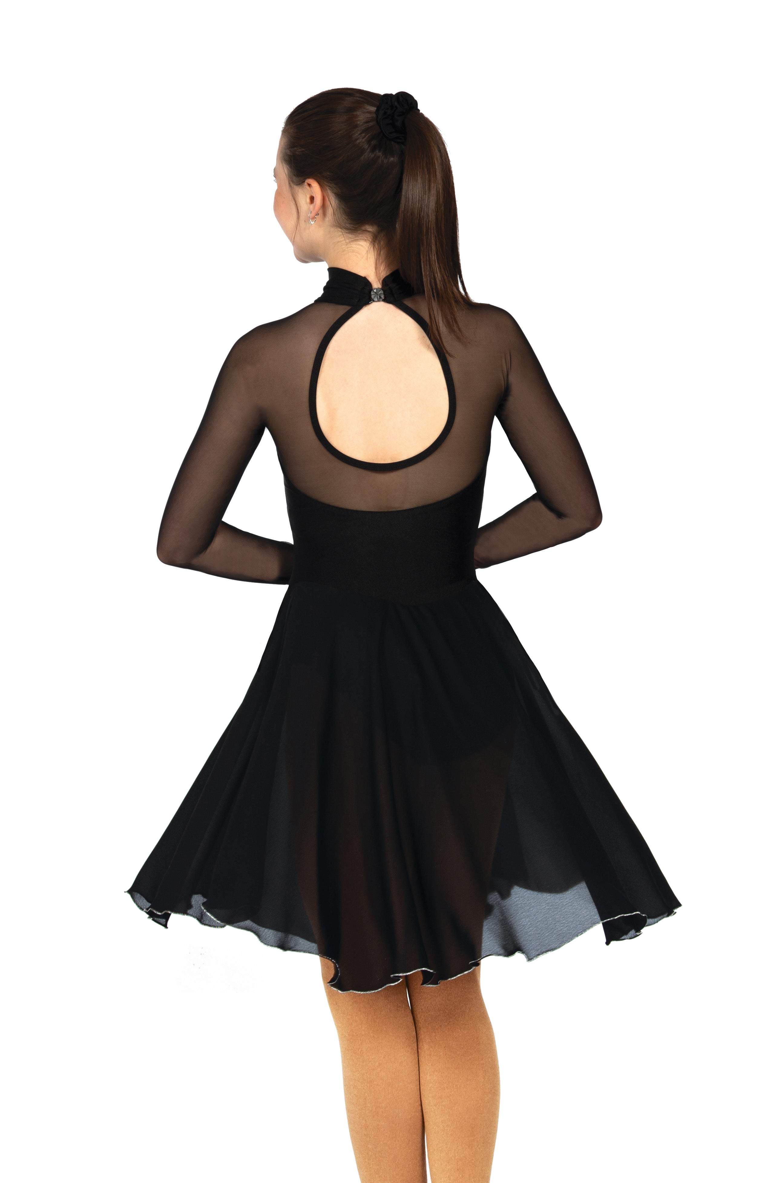 Rear view of black skate dress showing mesh sleeves and skirt