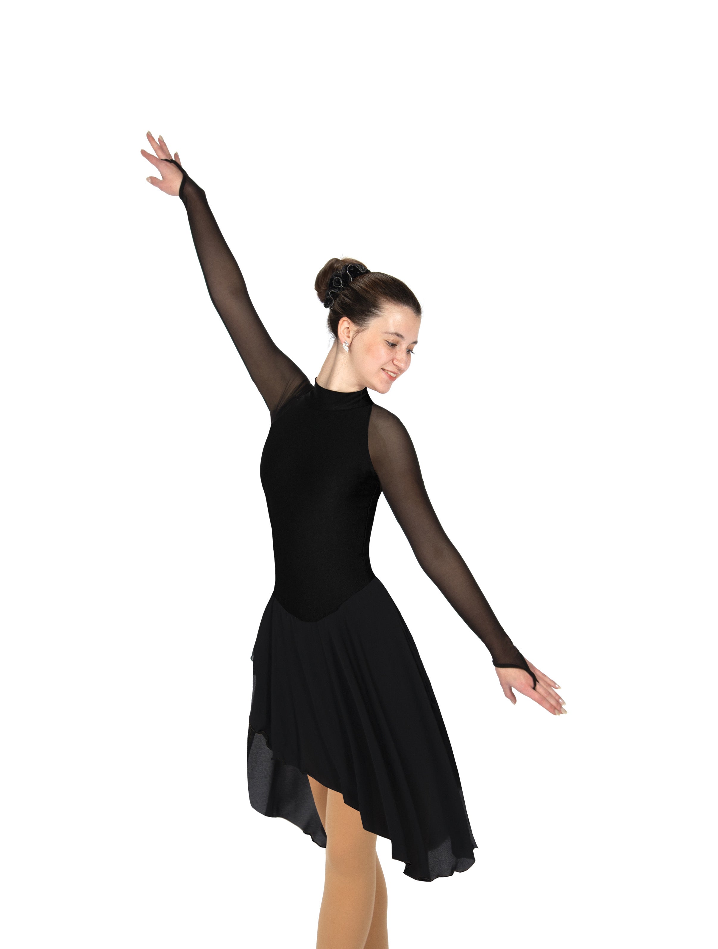 Elegant black figure skate dress with asymmetrical skirt