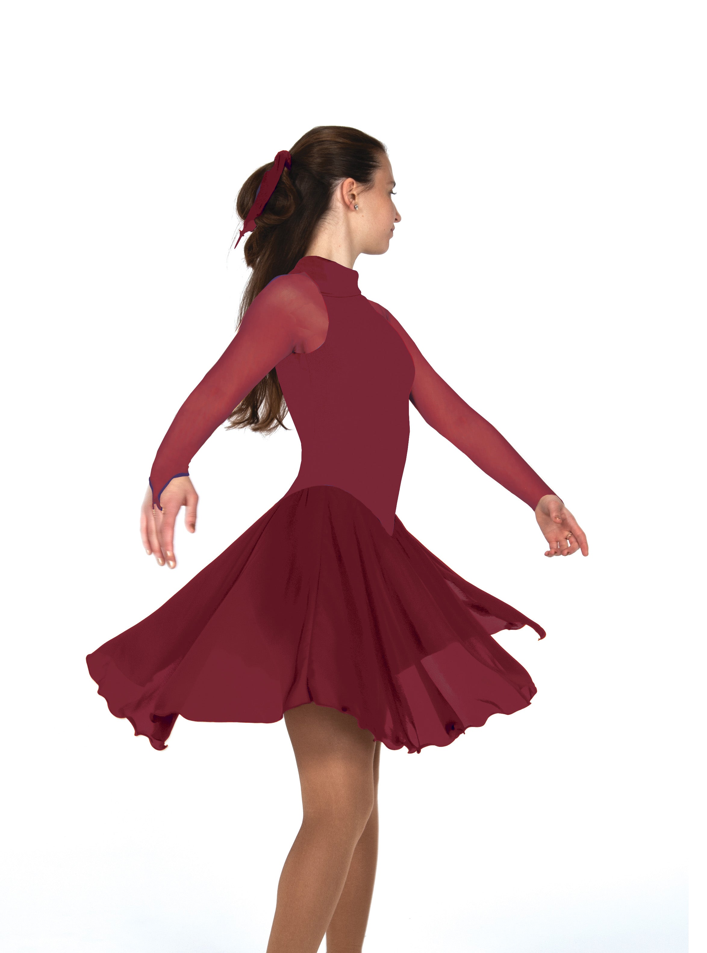 Side view of wine dance figure skate dress with flowing skirt