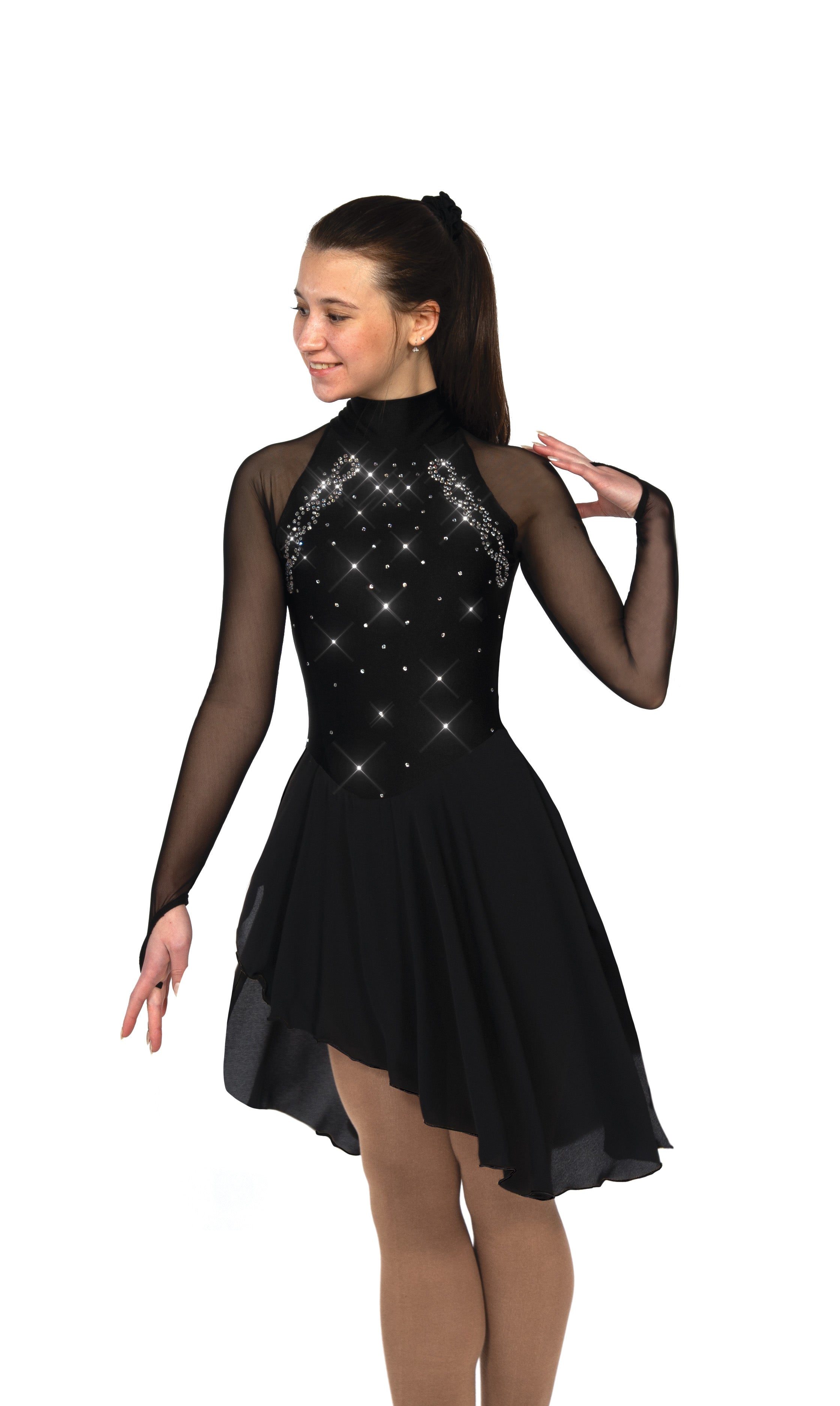 Black high neck dance figure skate dress with mesh sleeves