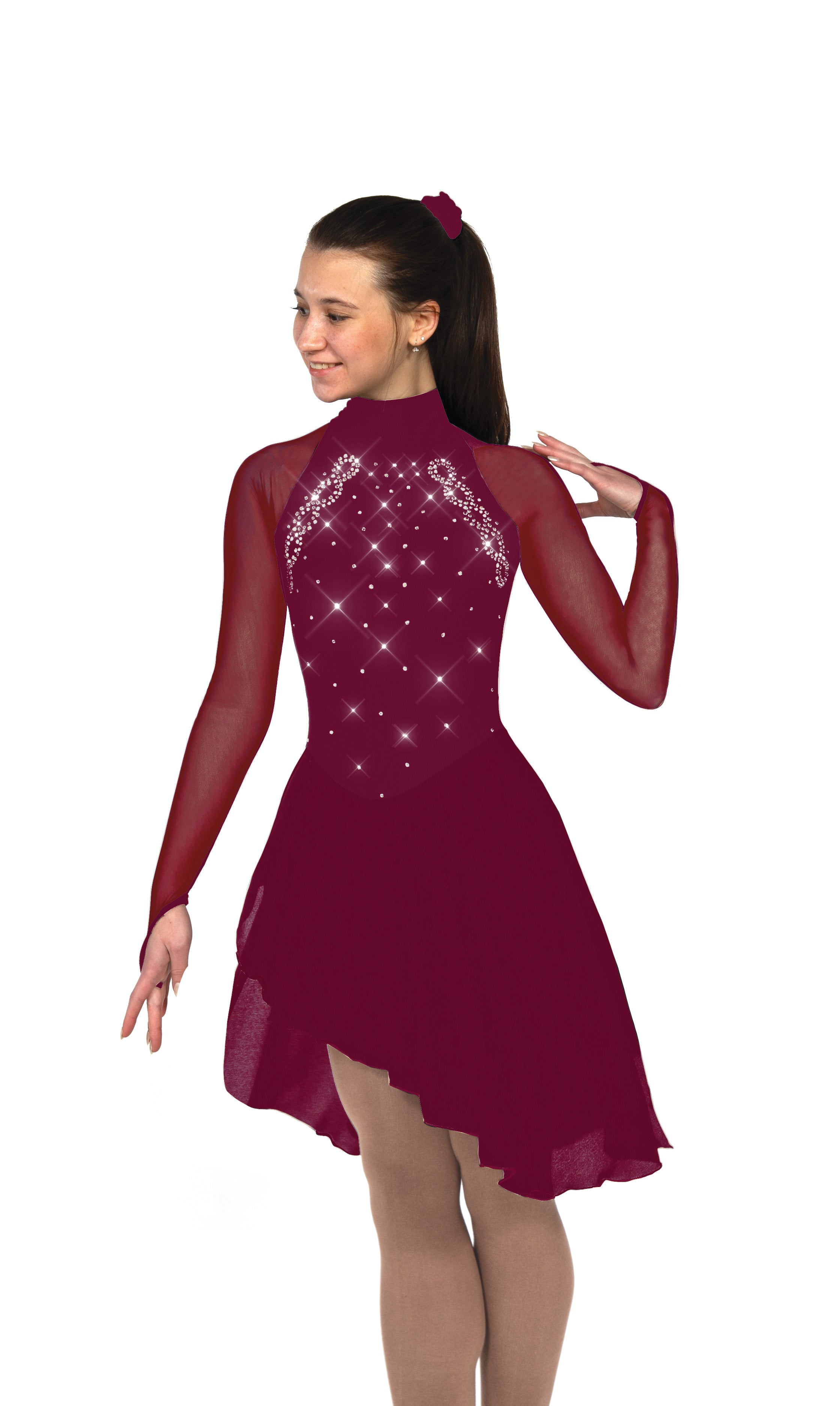 Wine high neck dance figure skate dress with mesh sleeves