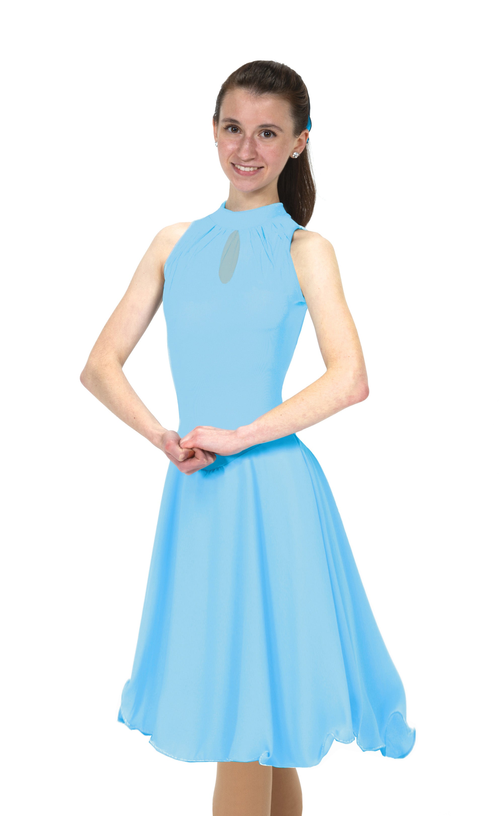 Front view of Crystal Blue keyhole dance skate dress