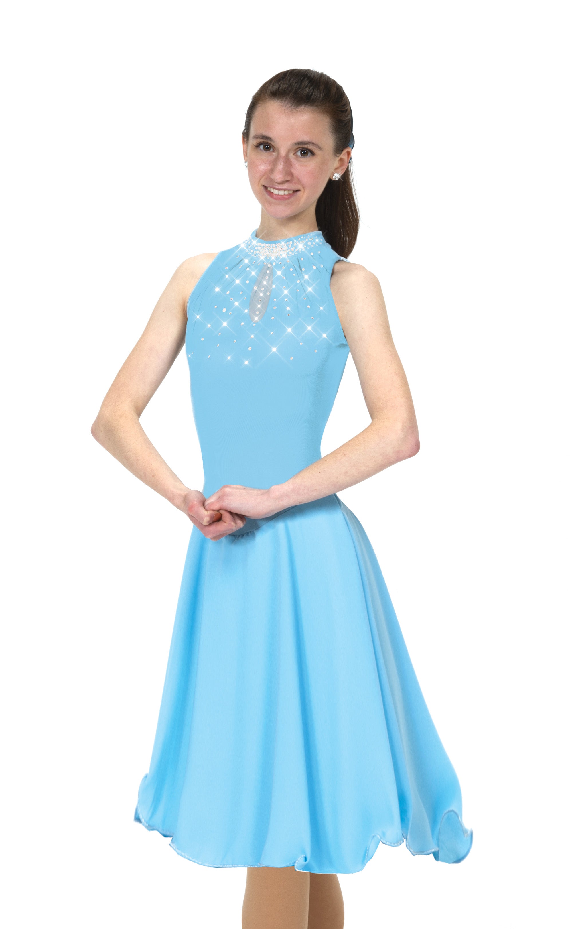 Front view of Crystal Blue keyhole dance skate dress