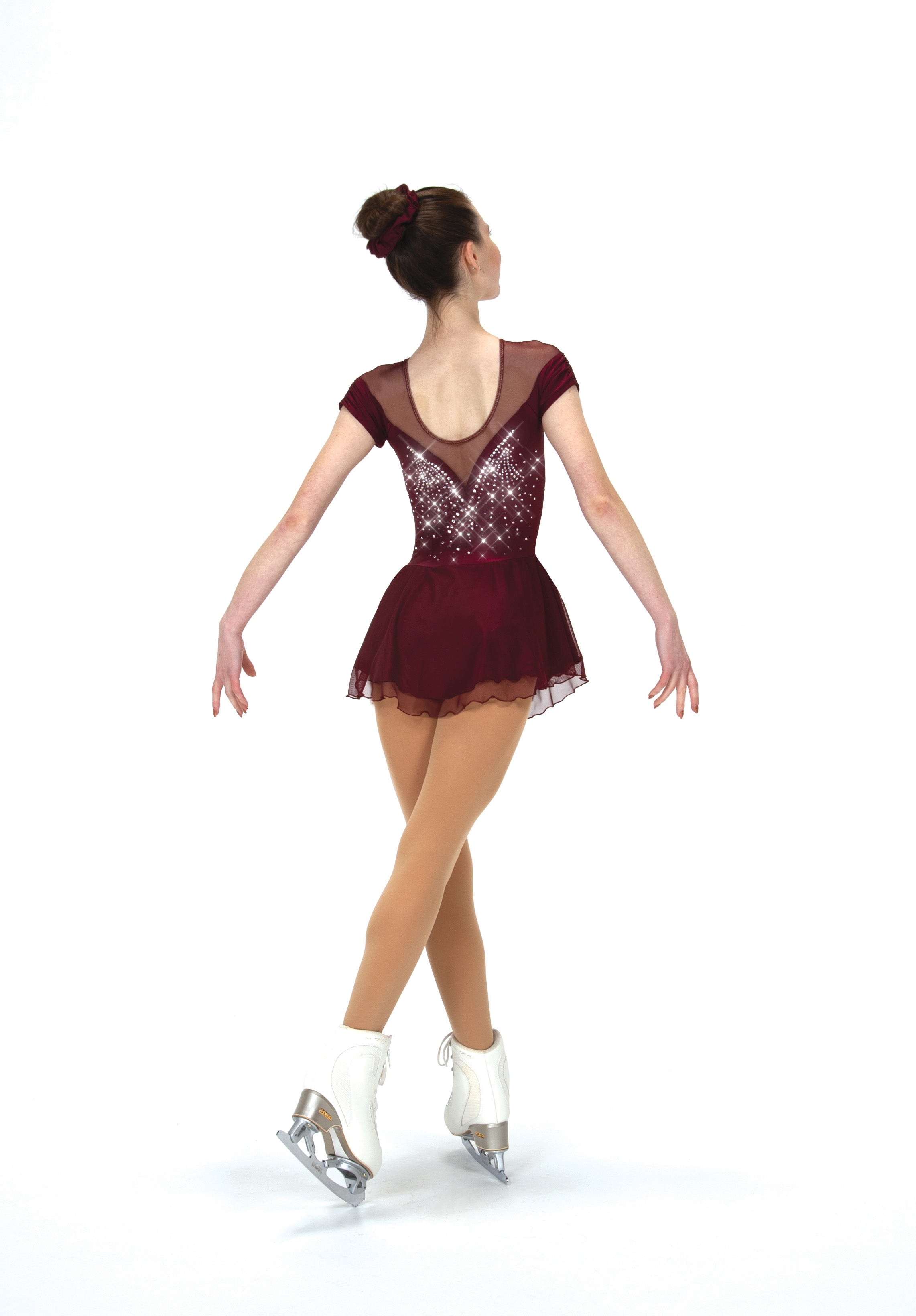 JRF22001-W Solitaire Shirred Sleeve Figure Skate Dress Wine