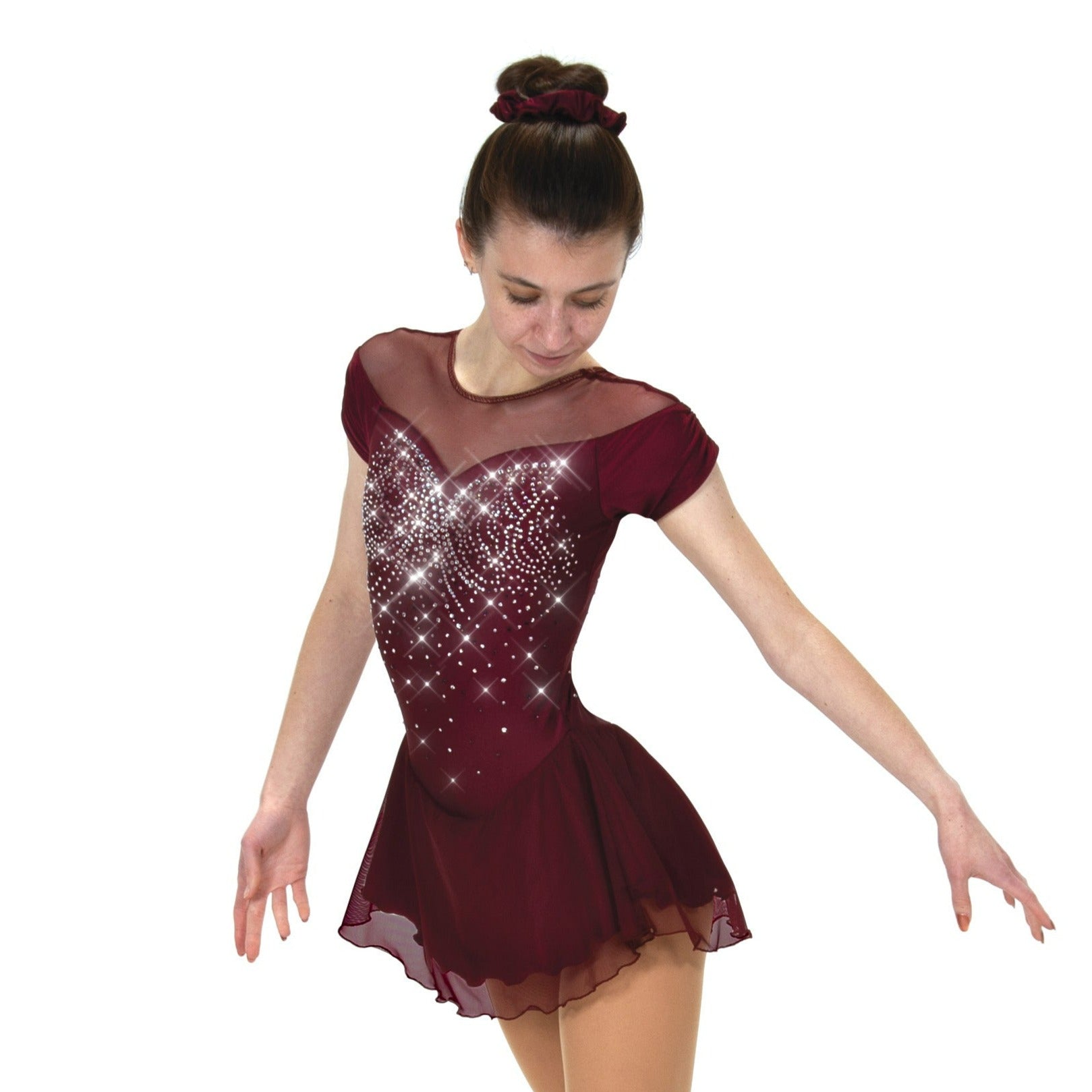 JRF22001-W Solitaire Shirred Sleeve Figure Skate Dress Wine