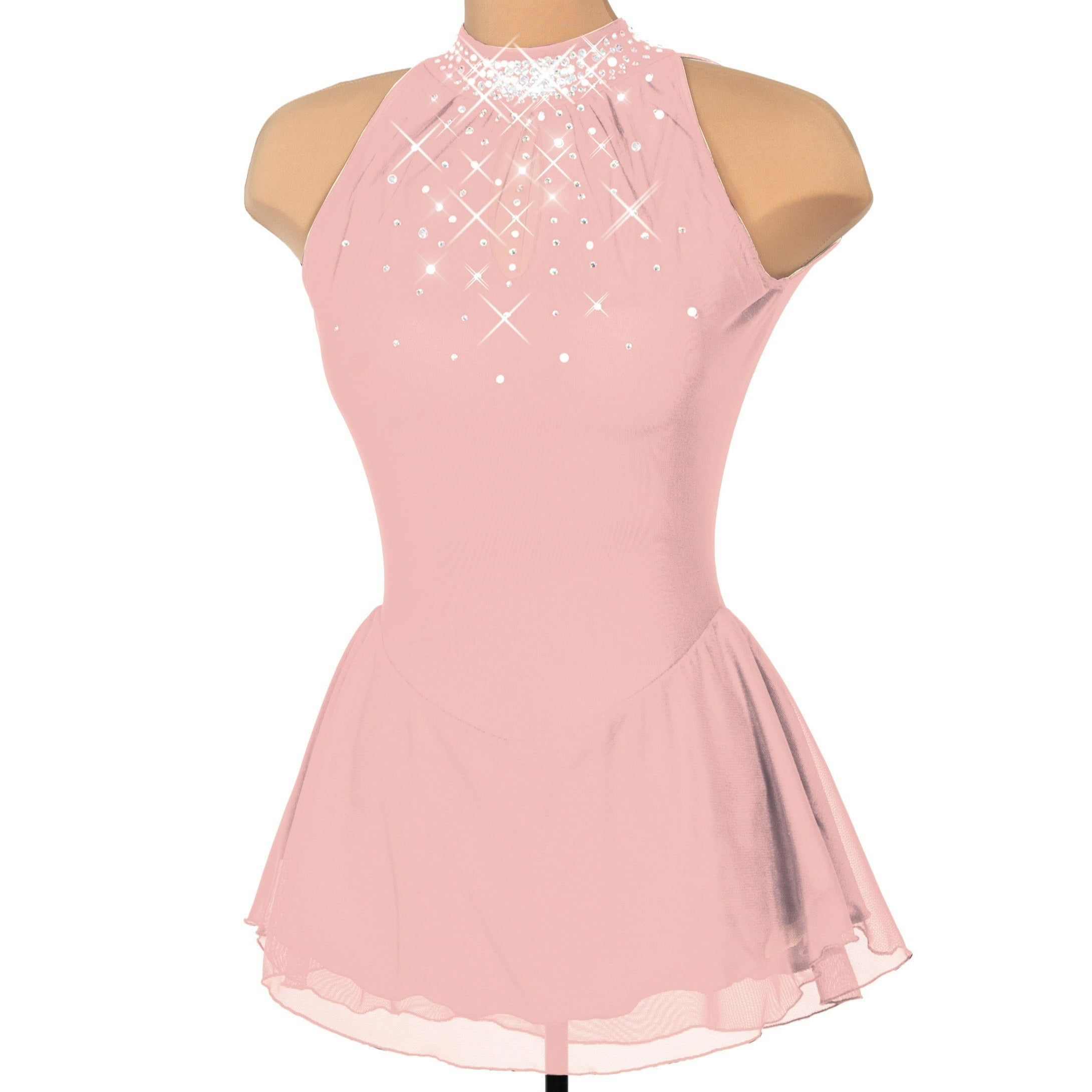 JRF22008-BP Robe de patinage artistique en maille solitaire avec trou de serrure rose blush