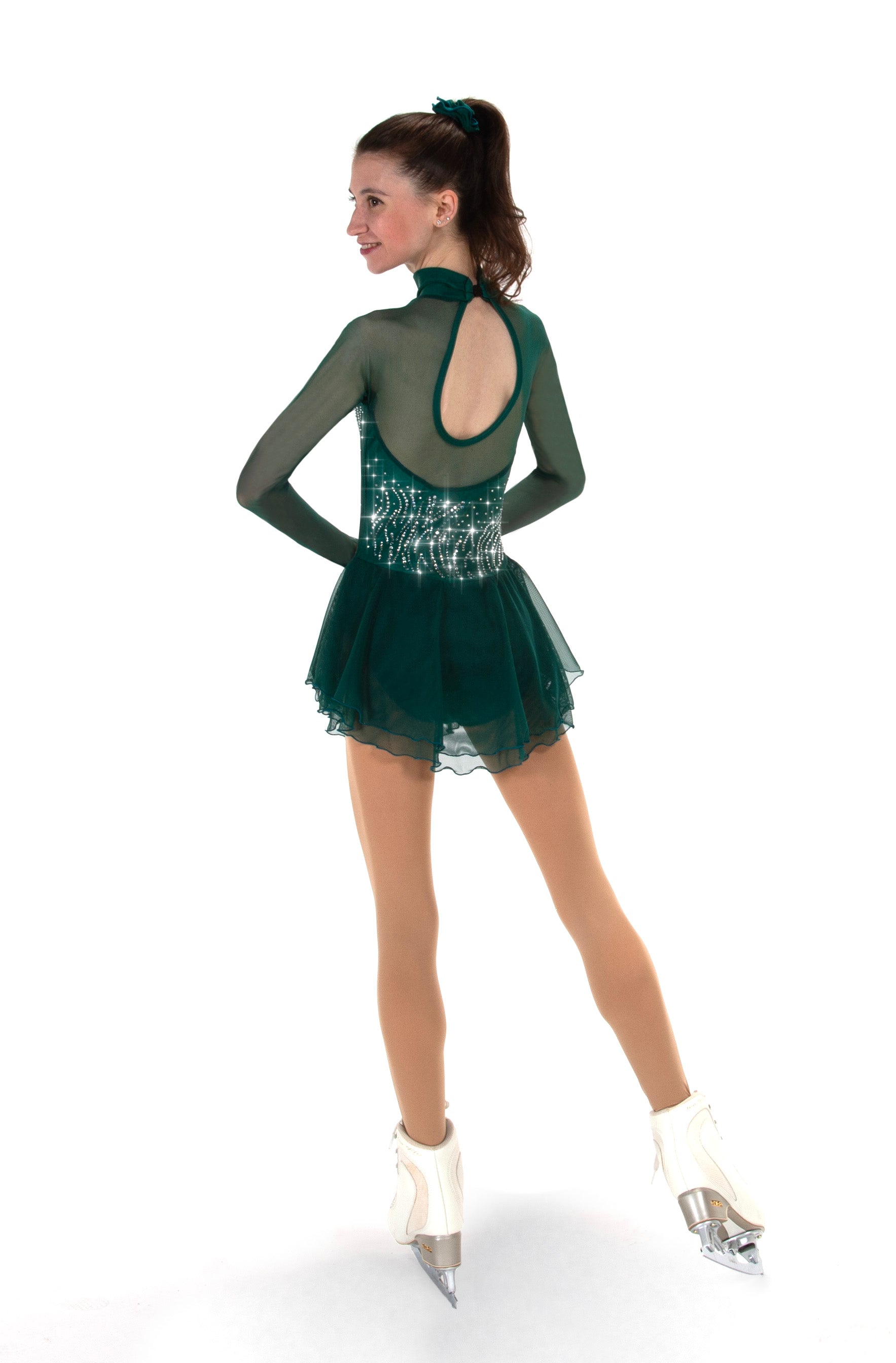 Back view of Hunter Green figure skate dress with open back