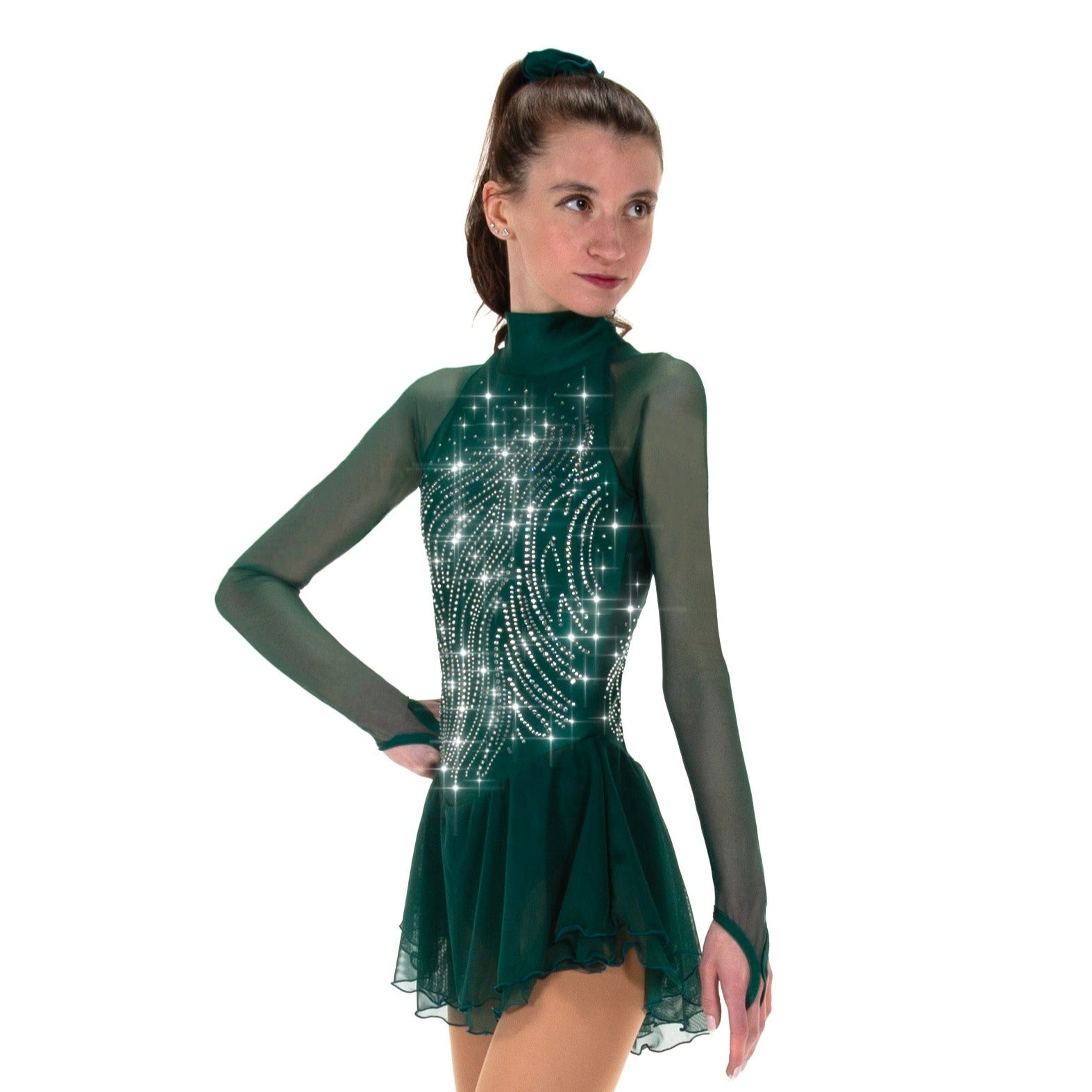 Hunter Green highneck figure skate dress with mesh sleeves