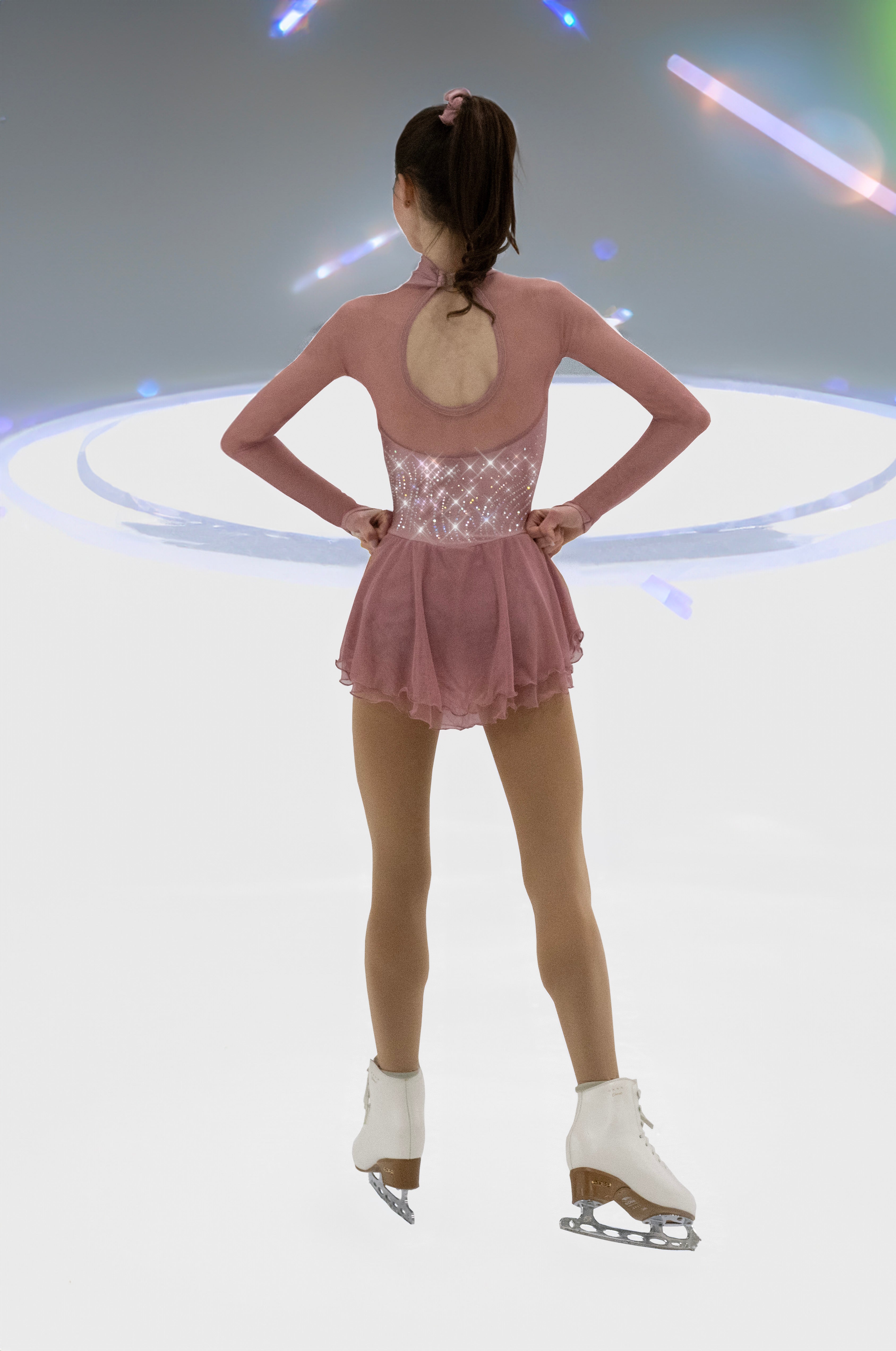 Back view of Tea Rose figure skate dress with open back