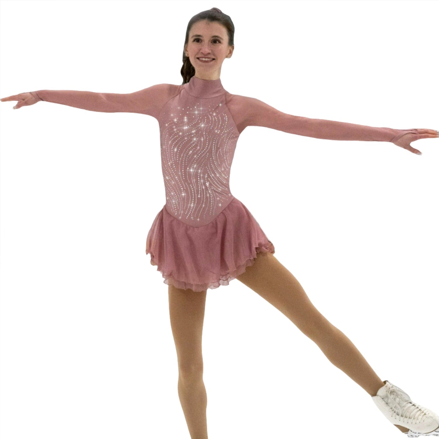 Tea Rose highneck figure skate dress with mesh sleeves