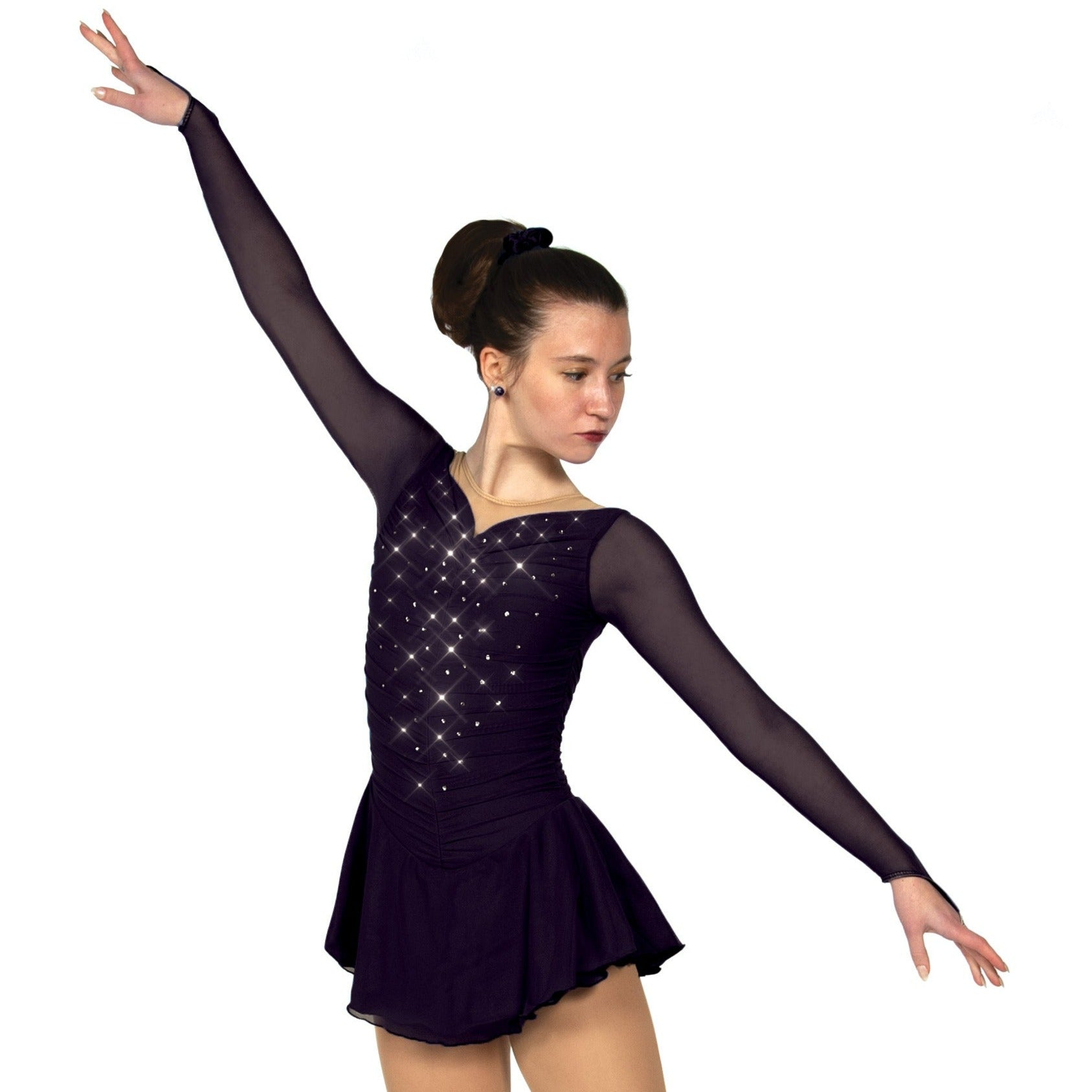 JRF22011-B Solitaire - Robe de patinage artistique froncée douce - Noir