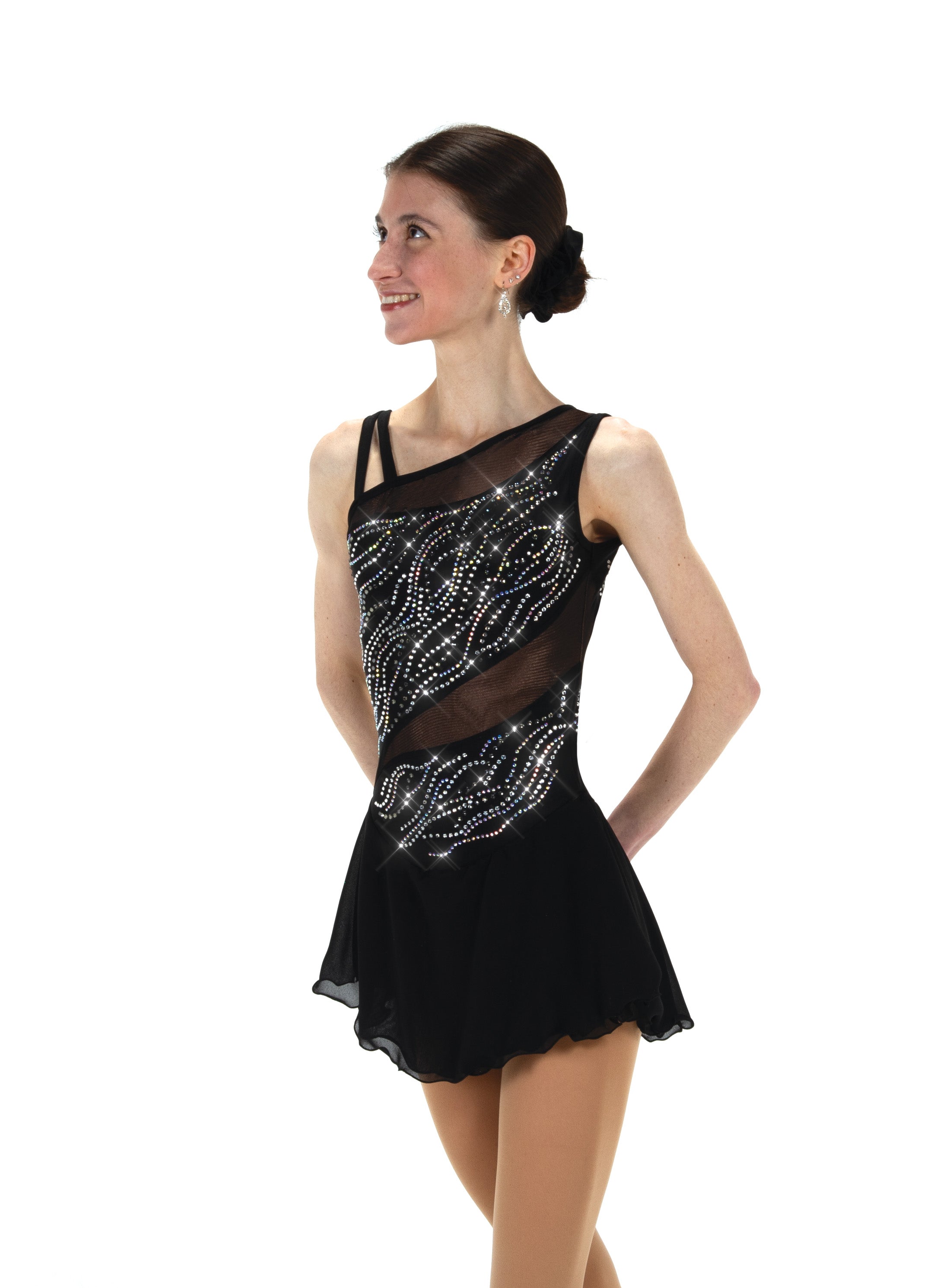 Black figure skate dress with mesh inset, front view