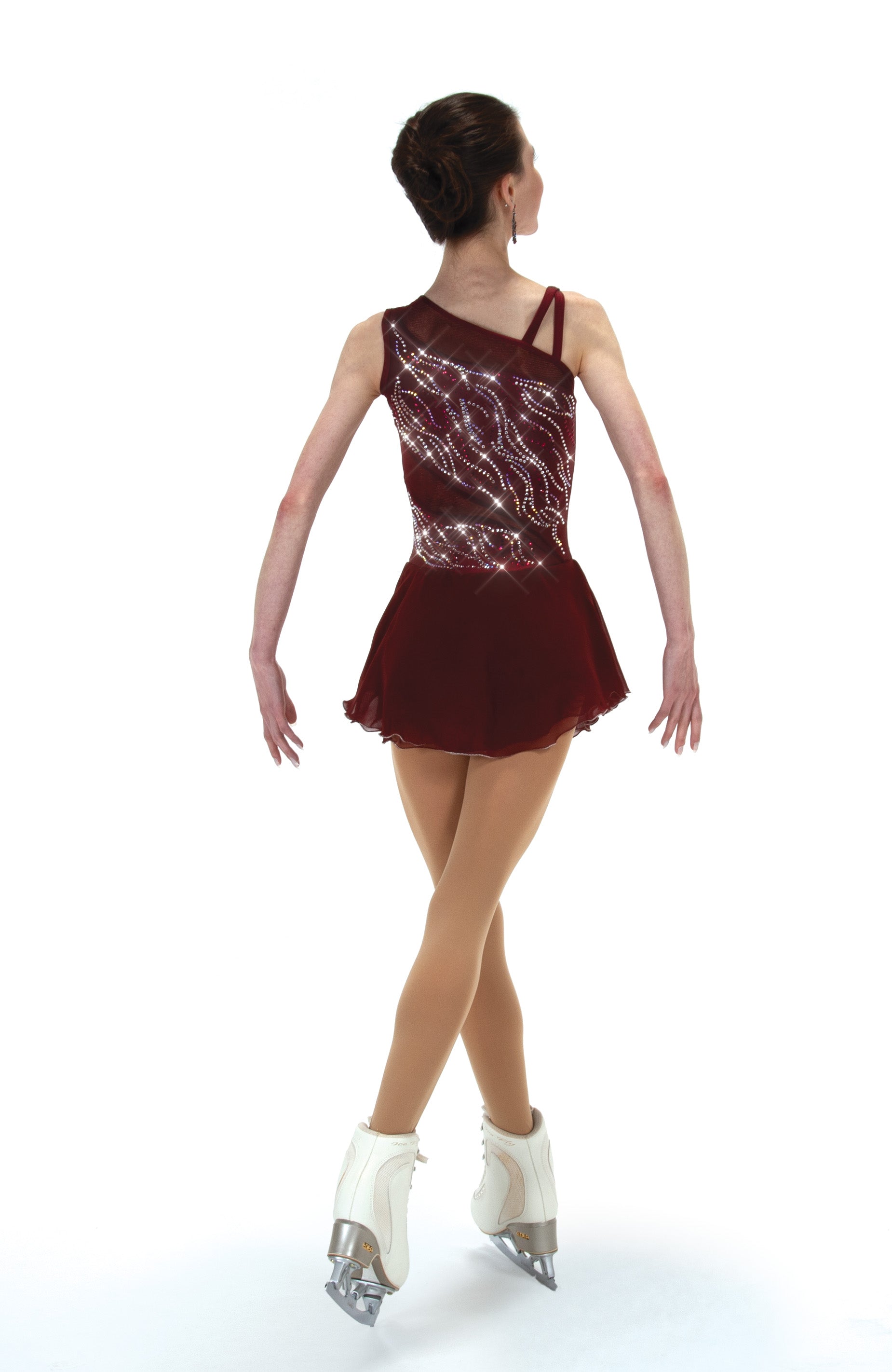 Wine figure skate dress with mesh inset, back view