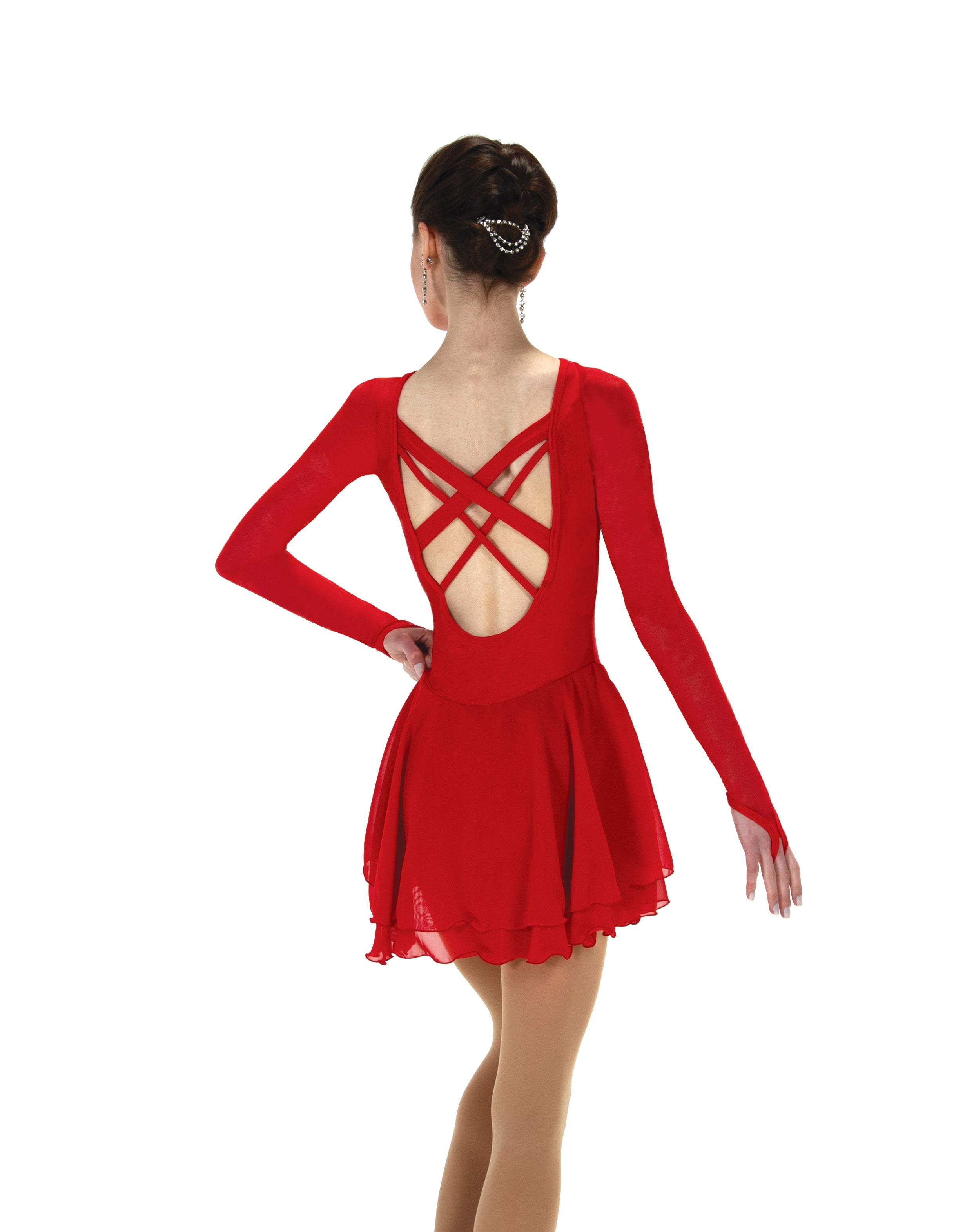 Red figure skate dress with low scoop back and crossed straps