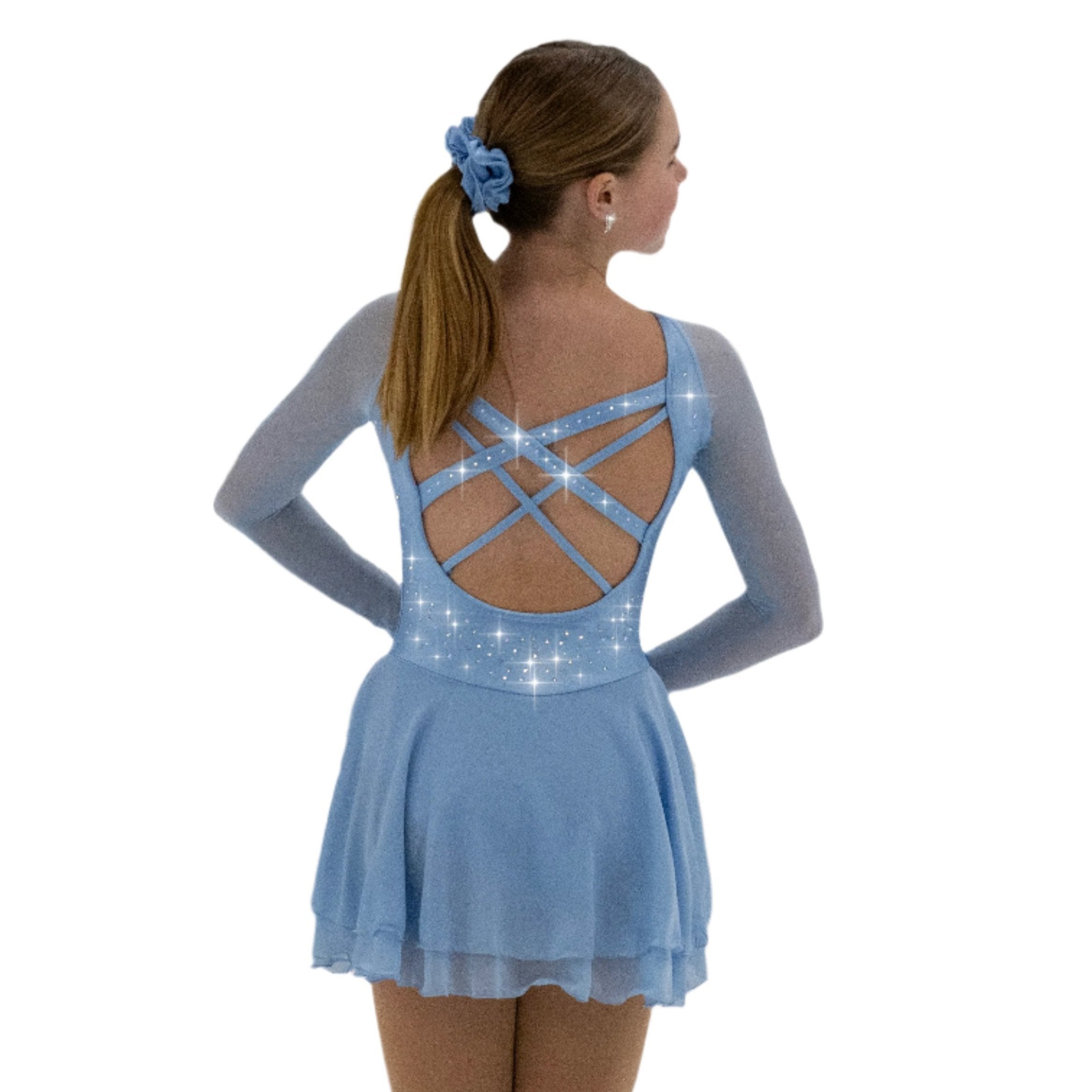 Back view of Crystal Blue skate dress with crossed straps