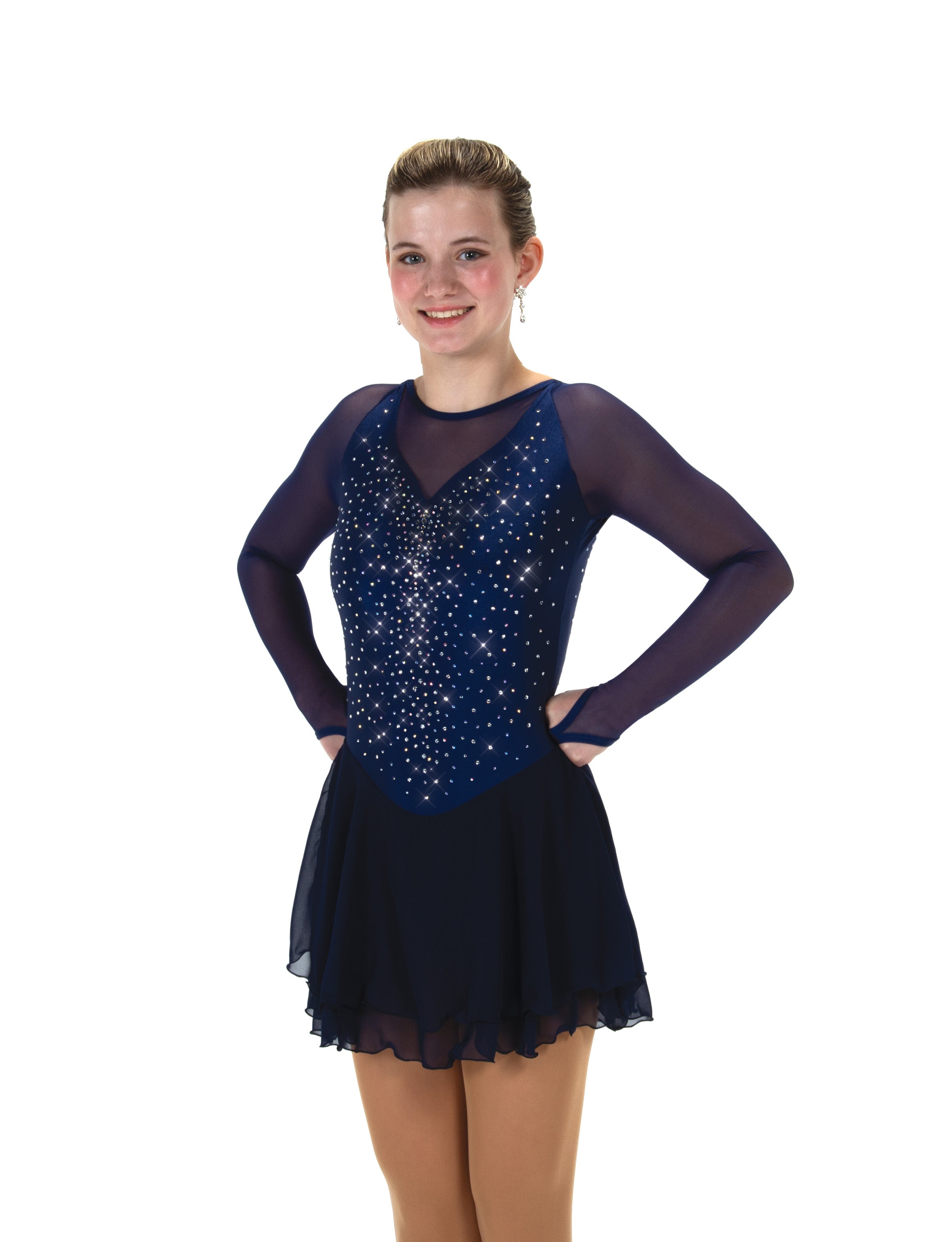 Navy figure skate dress with sparkling details, front view