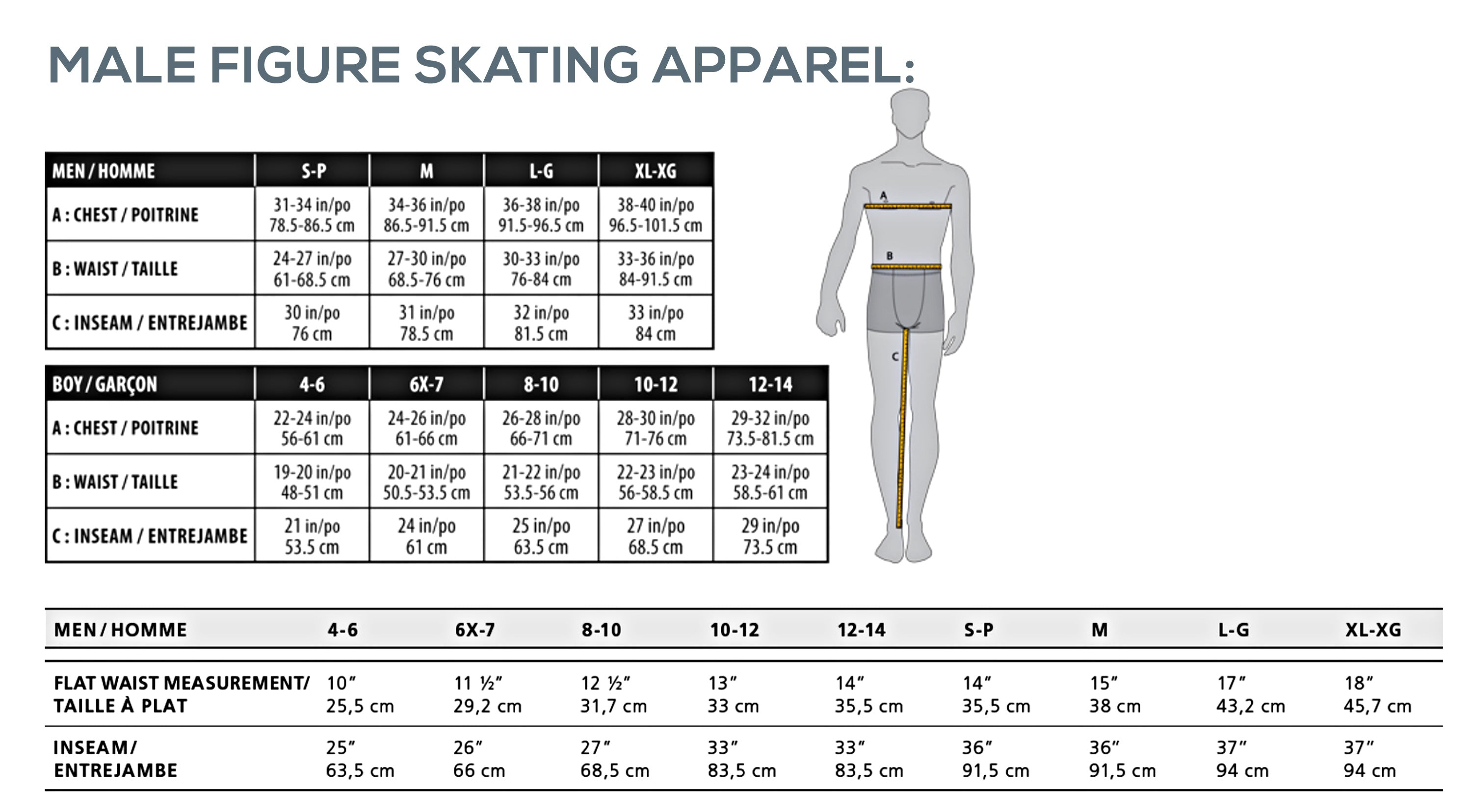 Size chart for male figure skating apparel