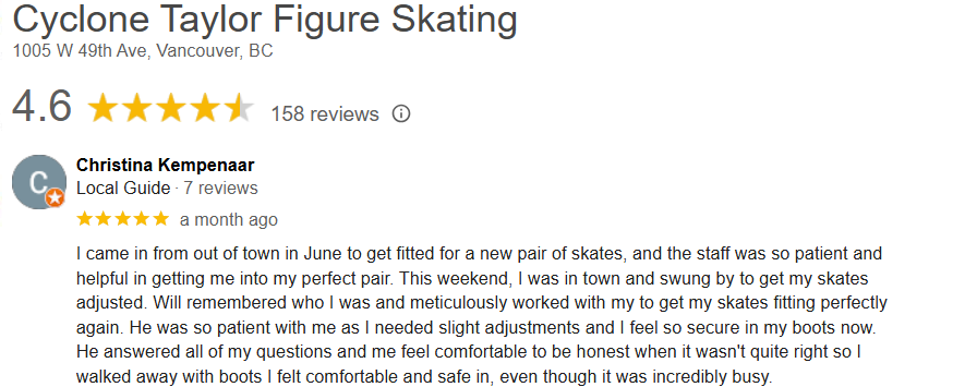 Figure Skates -Vancouver Google Reviews